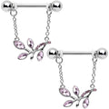 14G 9/16 Pink Gem Leaves of Love Chain Dangle Nipple Ring Set