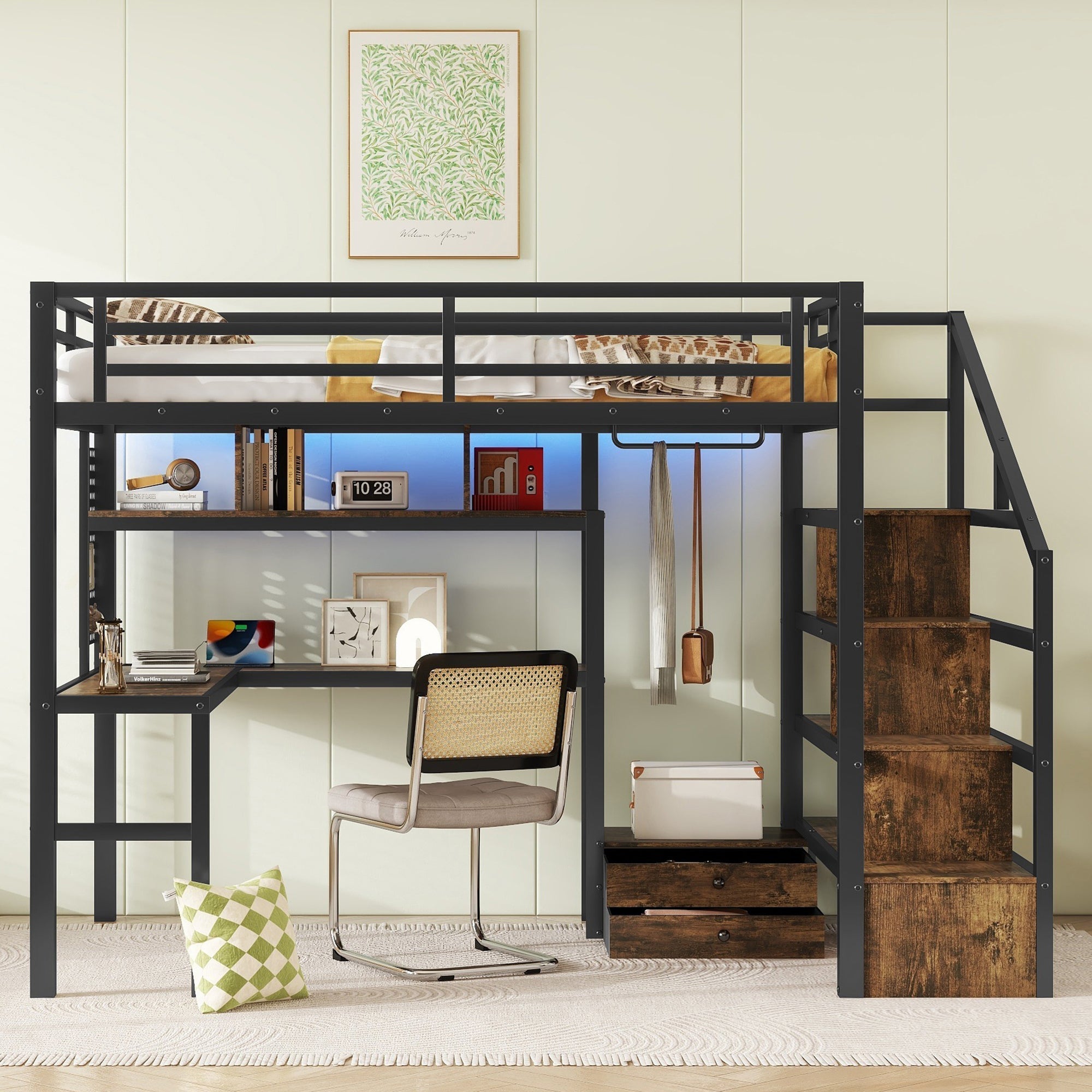 Full Size Loft Bed with LED Light & Charge Station, Metal Loft Bed with Desk and Staircase, Loft bed with Wardrobe for Kids, Black (Expect Arrival Date 2025/4/30)