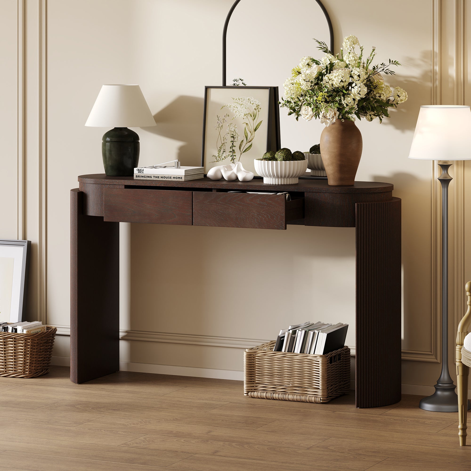TREXM Entryway Table with Natural Wood Grain Finish, Console Table with Fluted Design, Oval Top and 2 Drawers for Entryway and Living Room (Espresso)