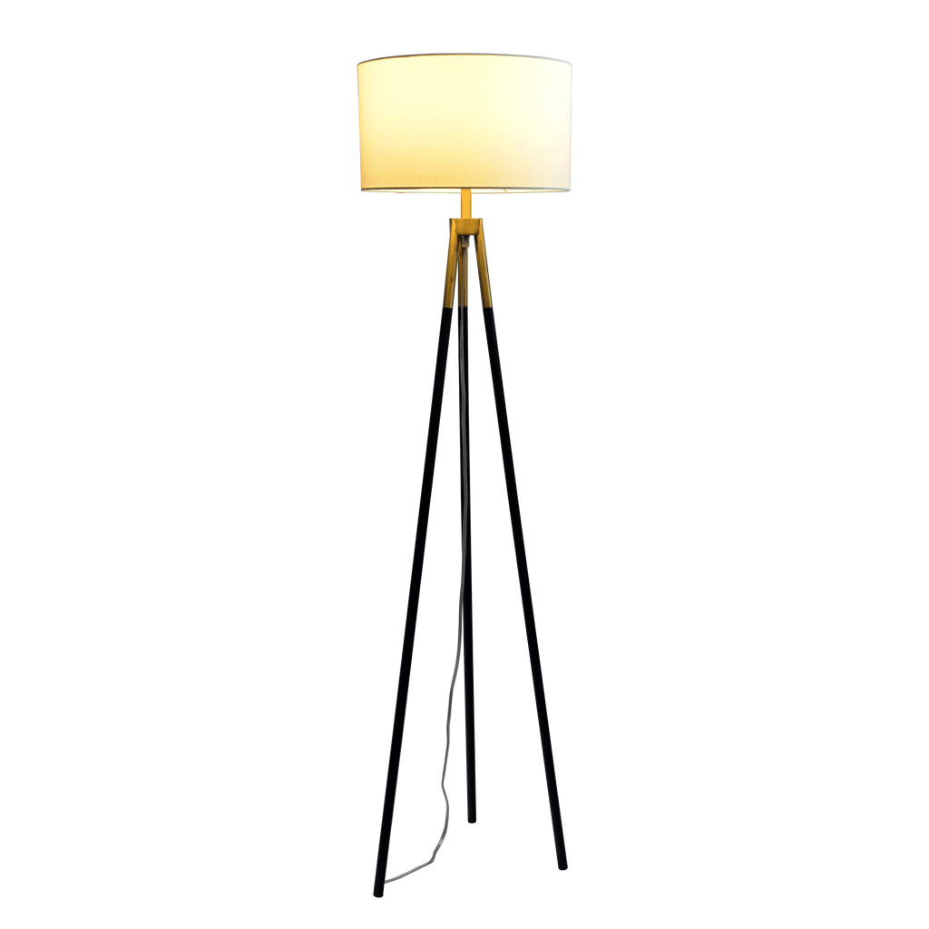 Sway Brassed Gold Floor Lamp with On/Off Switch Triple Legs White Fabric Shade