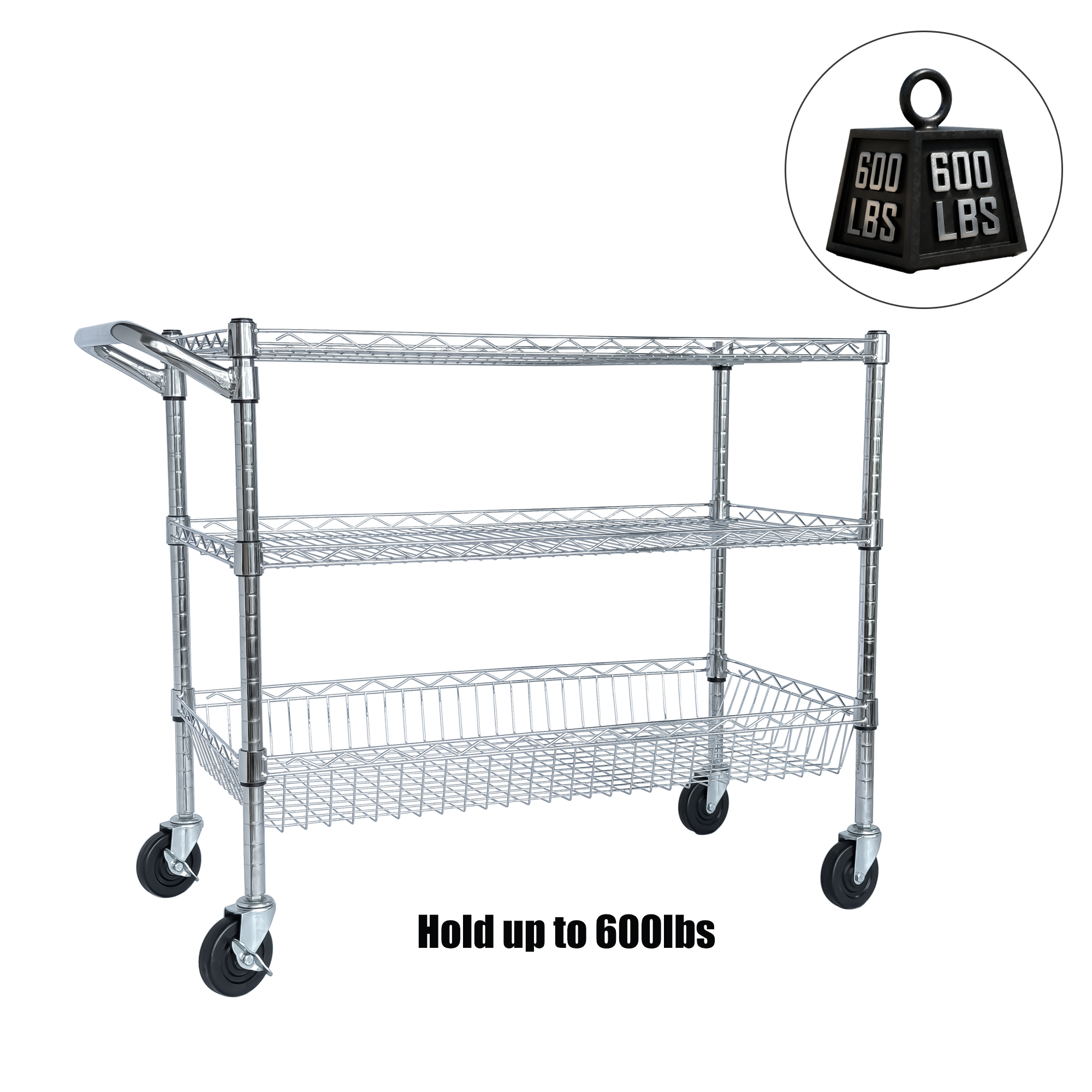 Heavy Duty Rolling Utility Cart,3 Tier Rolling Carts with Wheels,with Handle Bar & Shelf Liners,36'x18'x32'Storage Cart for Kitchen,Restaurant,Plant Display,Chrome