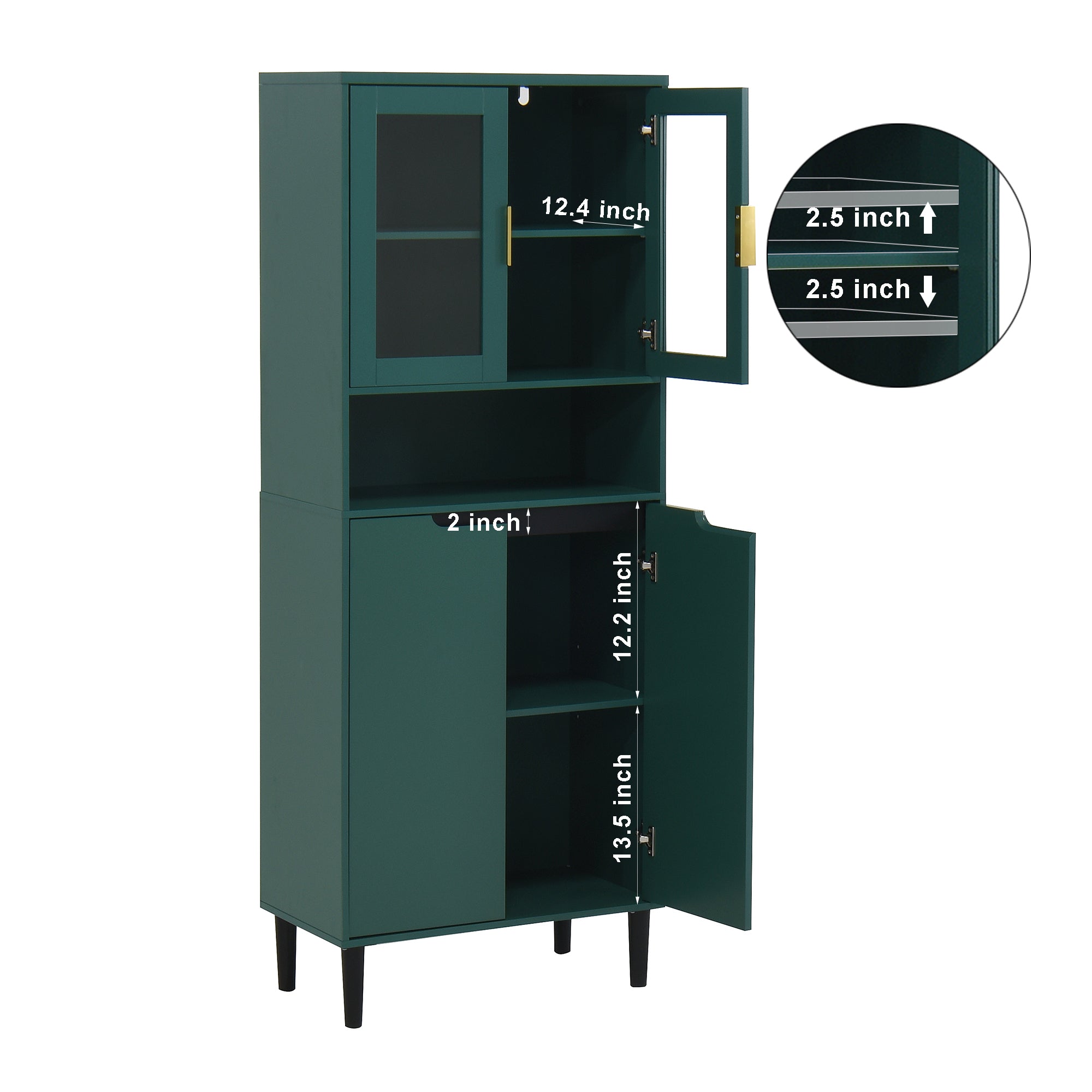 Tall Storage Bookcase with 2 Glass Display Door & 2 Doors, Tall Kitchen Pantry Cabinet with Gold Handles, Modern Cabinet Freestanding Living Room Green