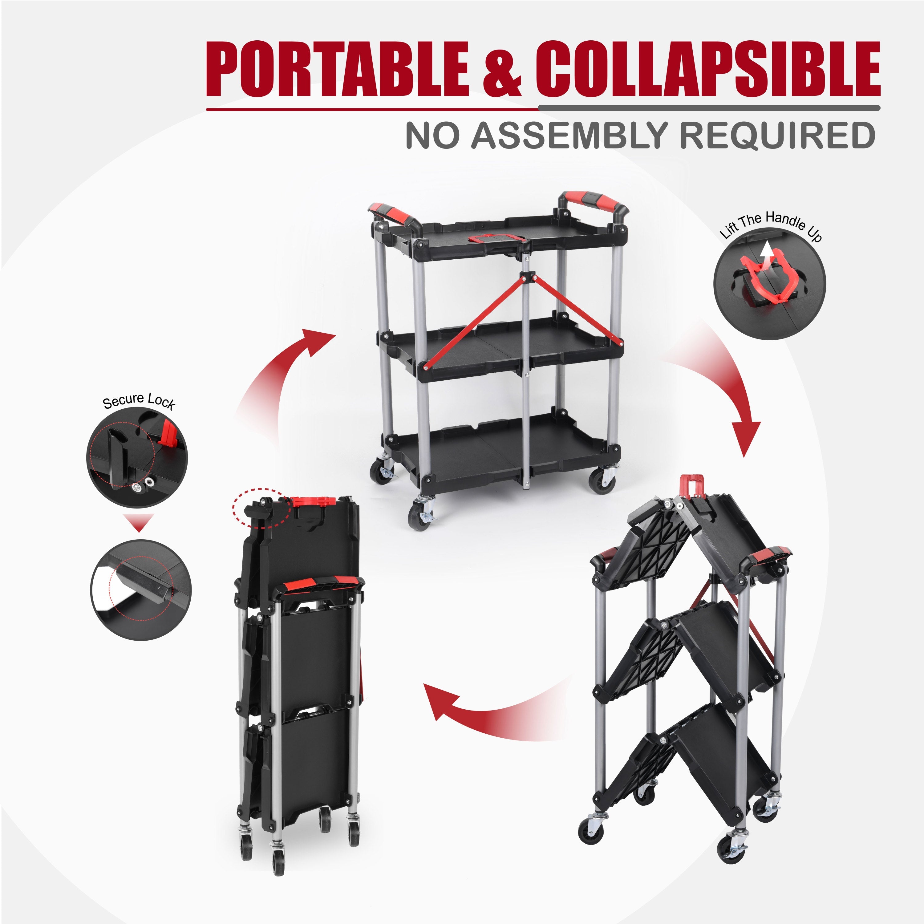 Foldable Utility Service Cart,  3 Shelf Heavy Duty Plastic Rolling Cart with 360° Swivel Wheels (2 with Brakes), Ergonomic Handle, Portable Garage Tool Cart for Warehouse Office Home