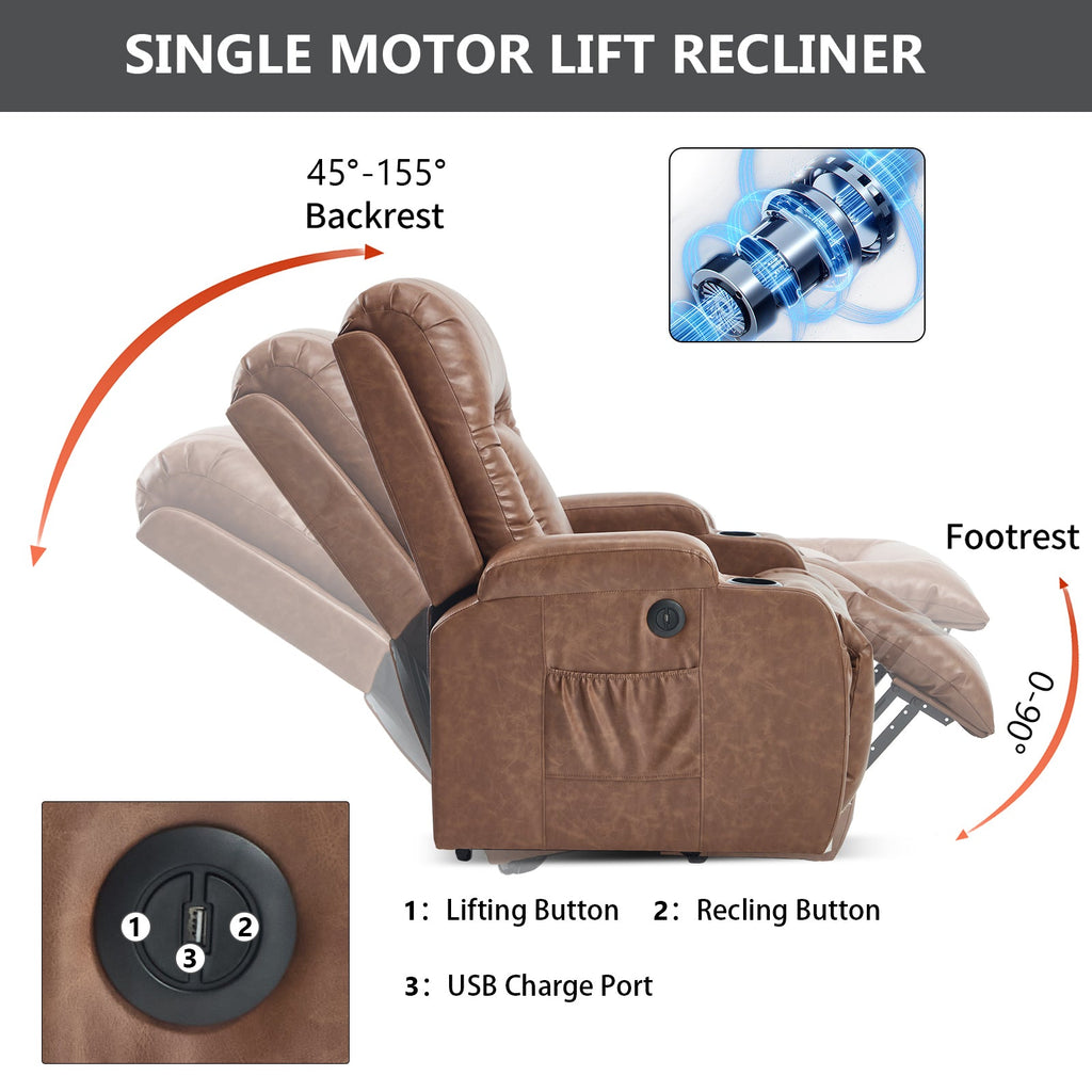 Brown PU Infinite Position Up to 350 LBS Power Lift Recliner Chair for Elderly, Heavy Duty Motion Mechanism with 8-Point Vibration Massage and Lumbar Heating, USB Charging Port, Cup Holders
