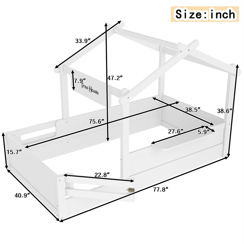 Twin Size Floor Bed with Guardrails and Roof, Kids House Floor Bed with a Small Built-in Tray and Free-installed Signboard, Childlike Design, White