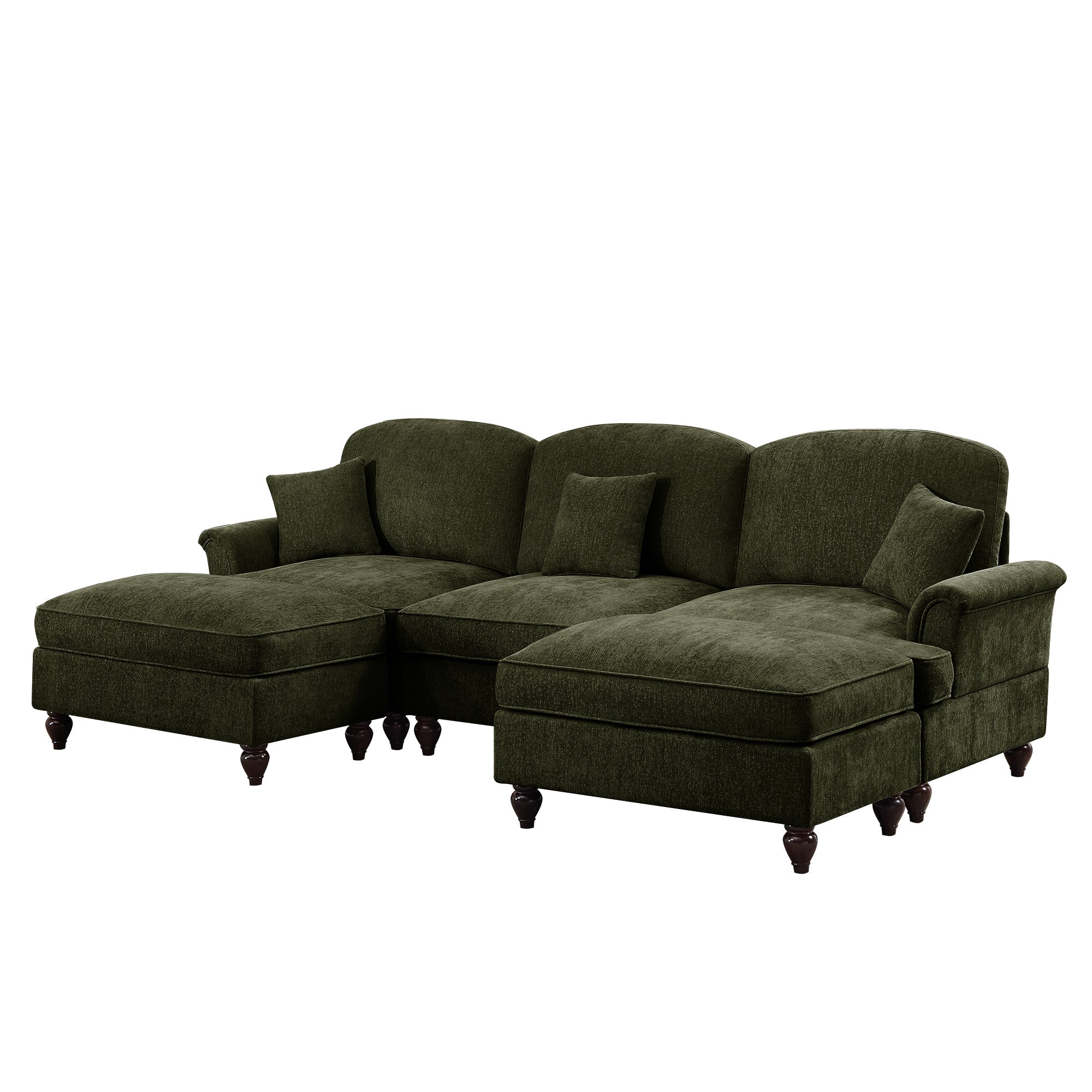 Classic Comfy Modular U Shape Sectional Sofa Couch with Flared Arms and Removable Ruffles Pleats Skirts and Spindle Legs, Upholstered Chenille Deep Seat Cloud Sofa with Movable Ottomans,Green