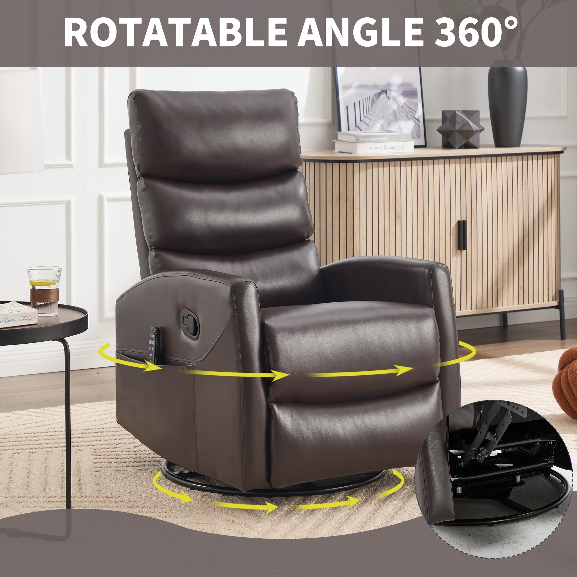 Heat Massage Manual Recliner Chair with Rocker and Swivel in Fabric for Living Room, Brown