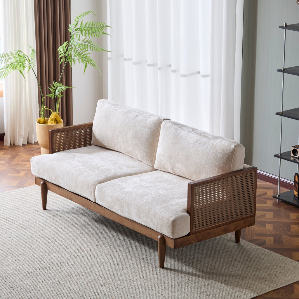 EMIR 72' Square Arm 3-Seater Sofa with Cane Rattan and Wooden Frame,Walnut,,Living Rooms,Bedrooms,Apartment Office