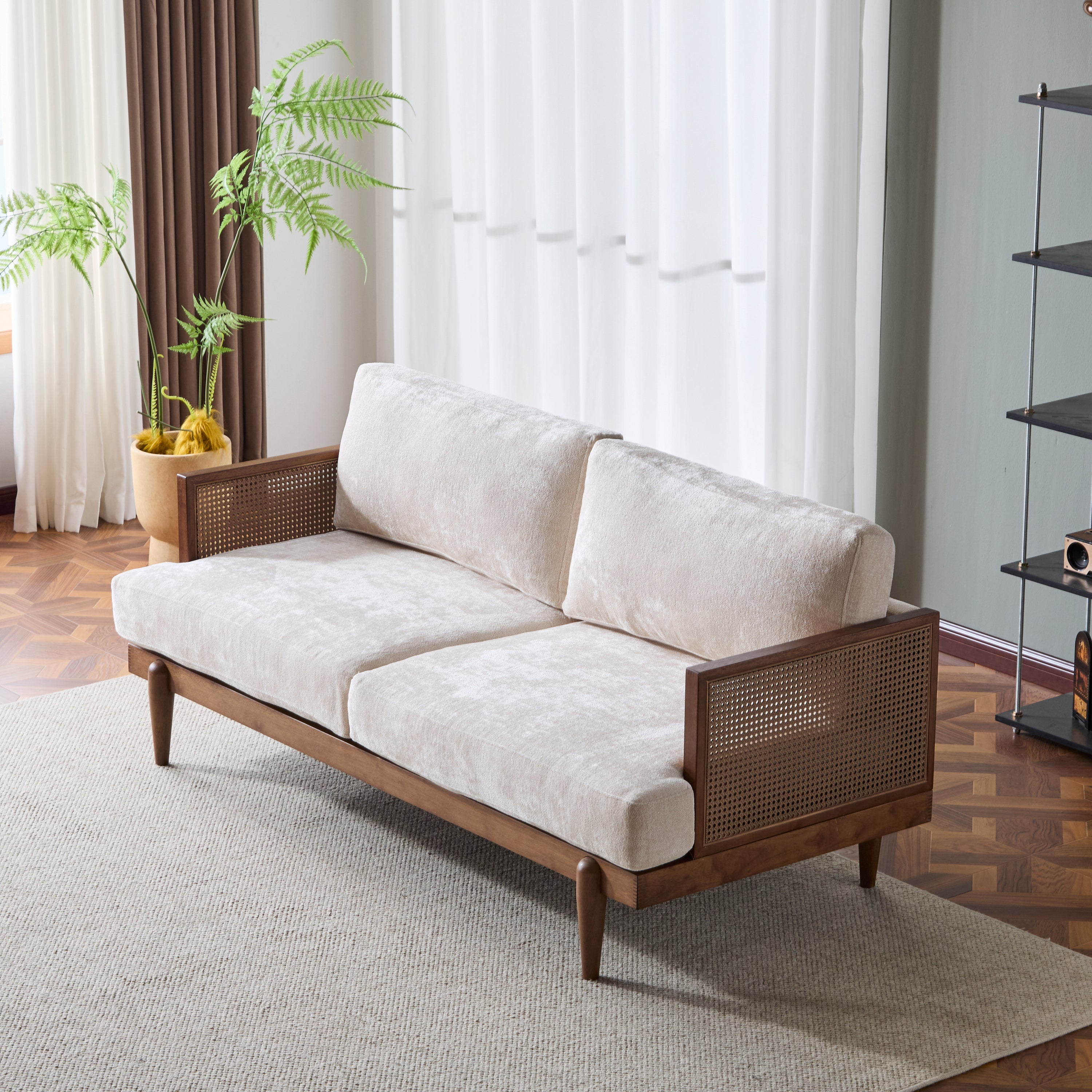 EMIR 72' Square Arm 3-Seater Sofa with Cane Rattan and Wooden Frame,Walnut,,Living Rooms,Bedrooms,Apartment Office