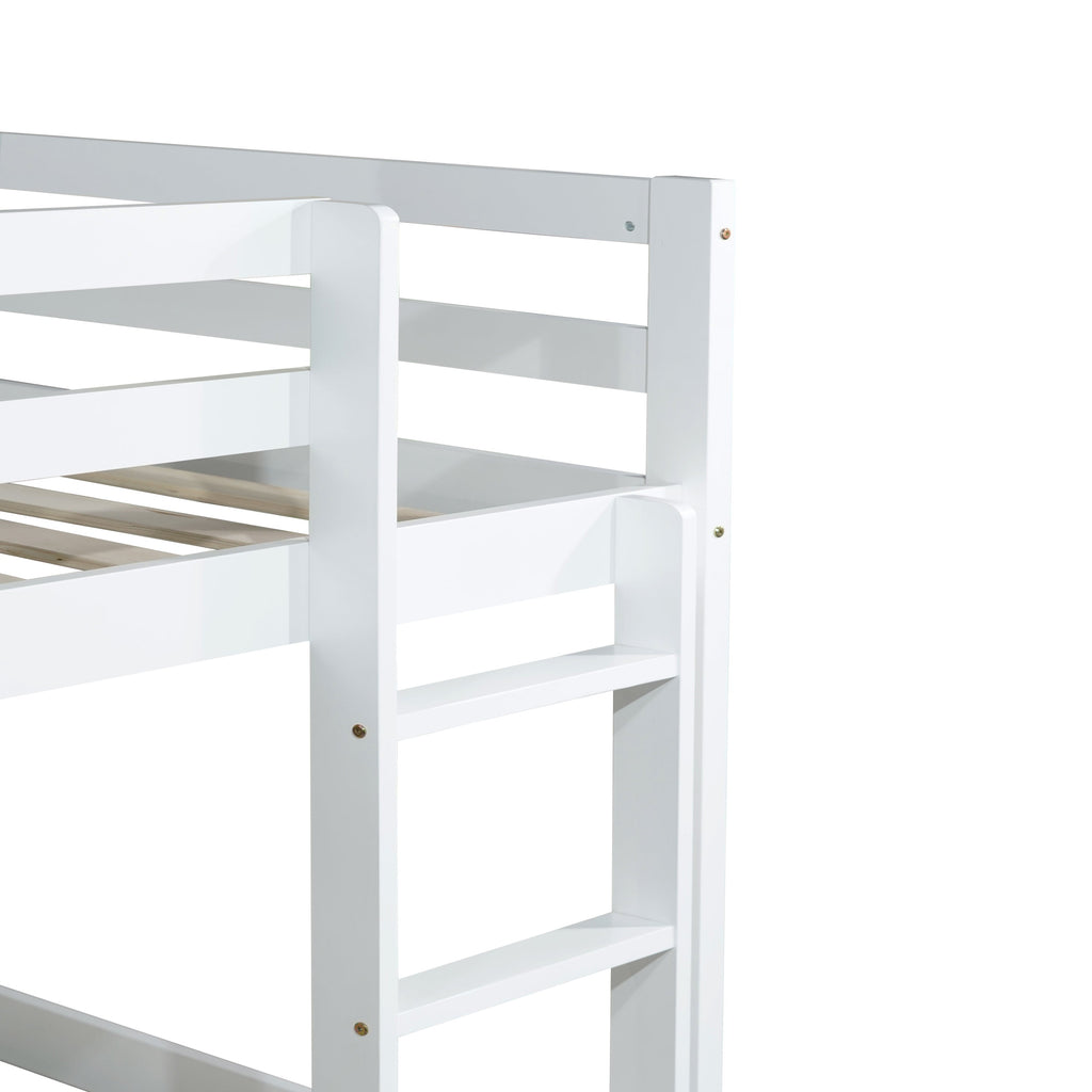 Solid Wooden, Solid Rubber Wooden Twin over Twin Floor Bunk Bed with Ladder, with Bed Platform of Strengthened Slats,White