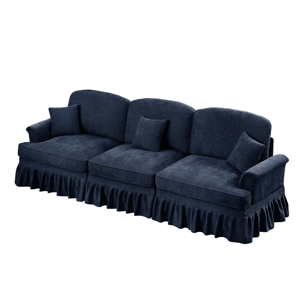 Elegant Mid Century Large 3 Seater Sofa Couch with Flared Arms and Removable Ruffles Pleats Skirts and Spindle Legs, Comfy Chenille Three-Seat Sofa for Living Room, Blue