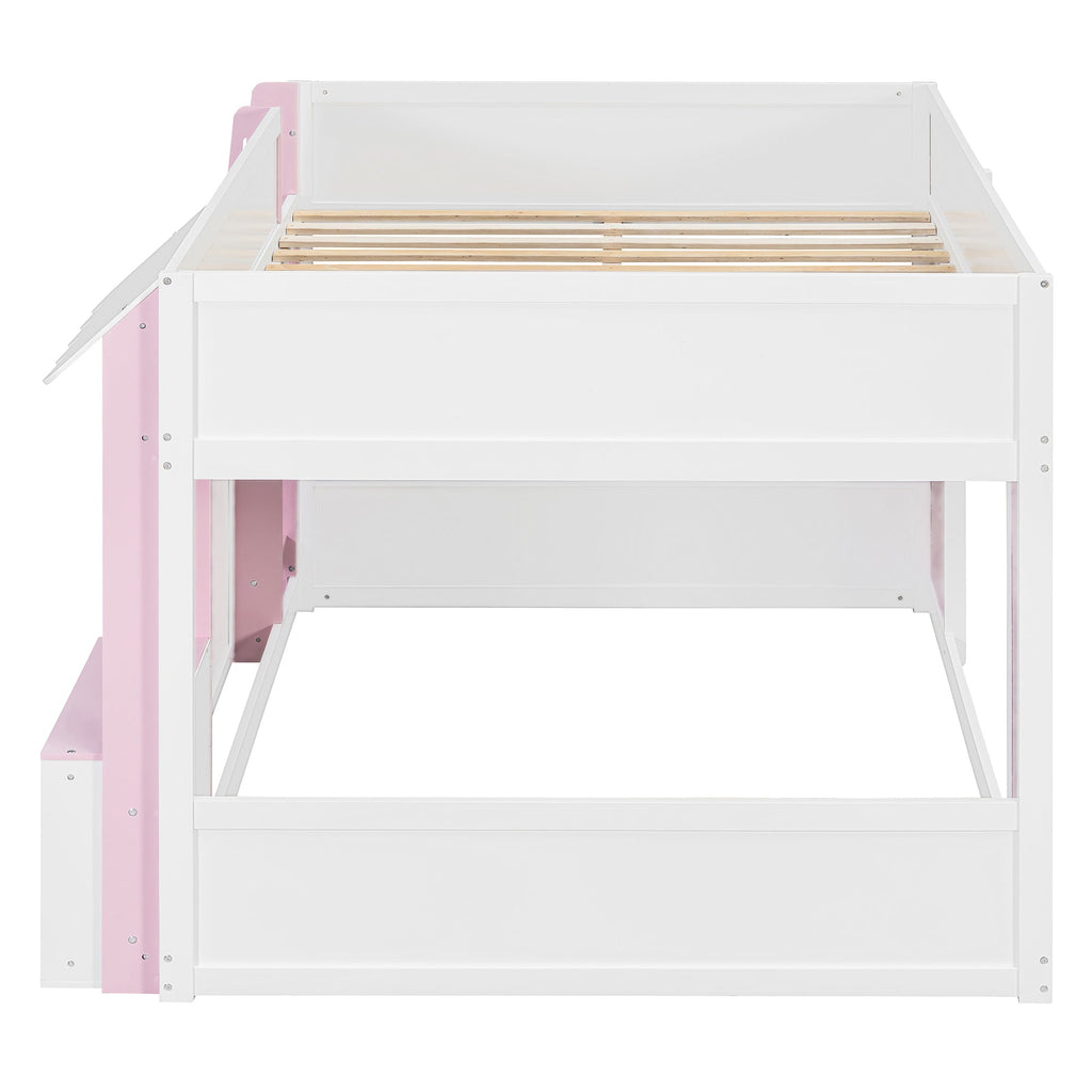 Full Loft House Bed with Playhouse & Storage, Modern Wood Cabin Bed for Kids/Teens, White+Pink