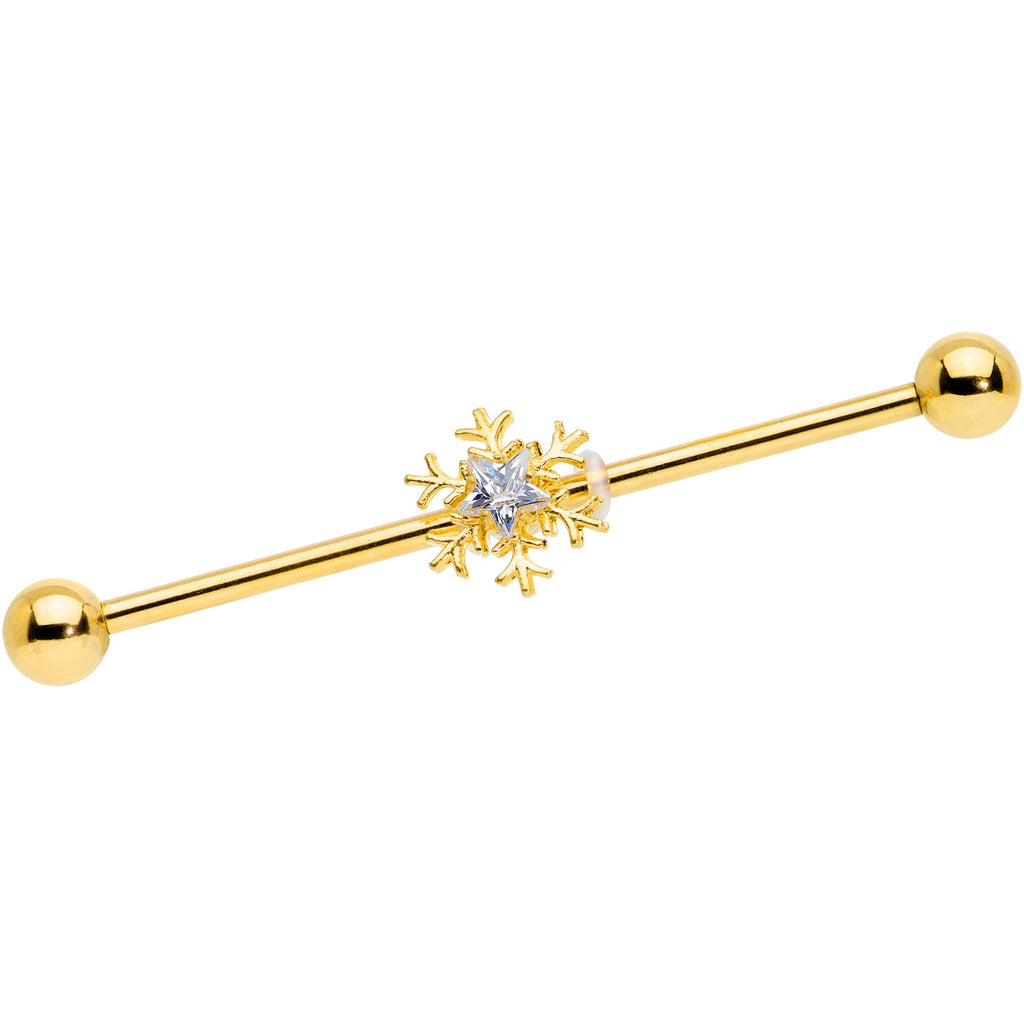 14G Clear Gem Gold Hue Snowflake Christmas Industrial Barbell 38mm