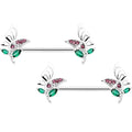14G 9/16 Pink Green Gem Floral Butterfly Nipple Ring Set