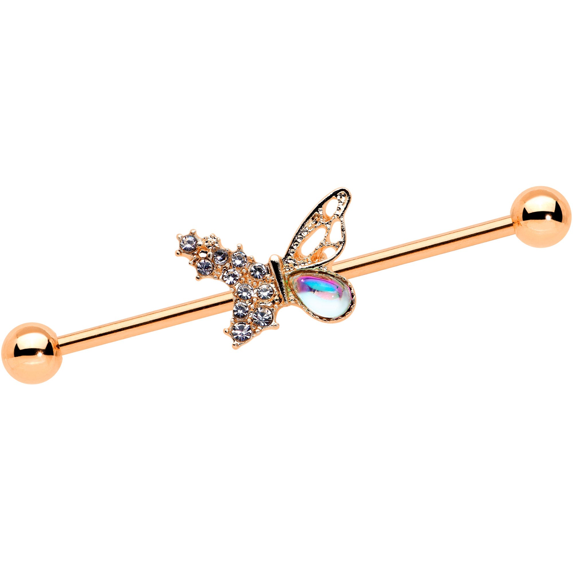 14G Jeweled Rose Gold Tone Fancy Butterfly Industrial Barbell 38mm