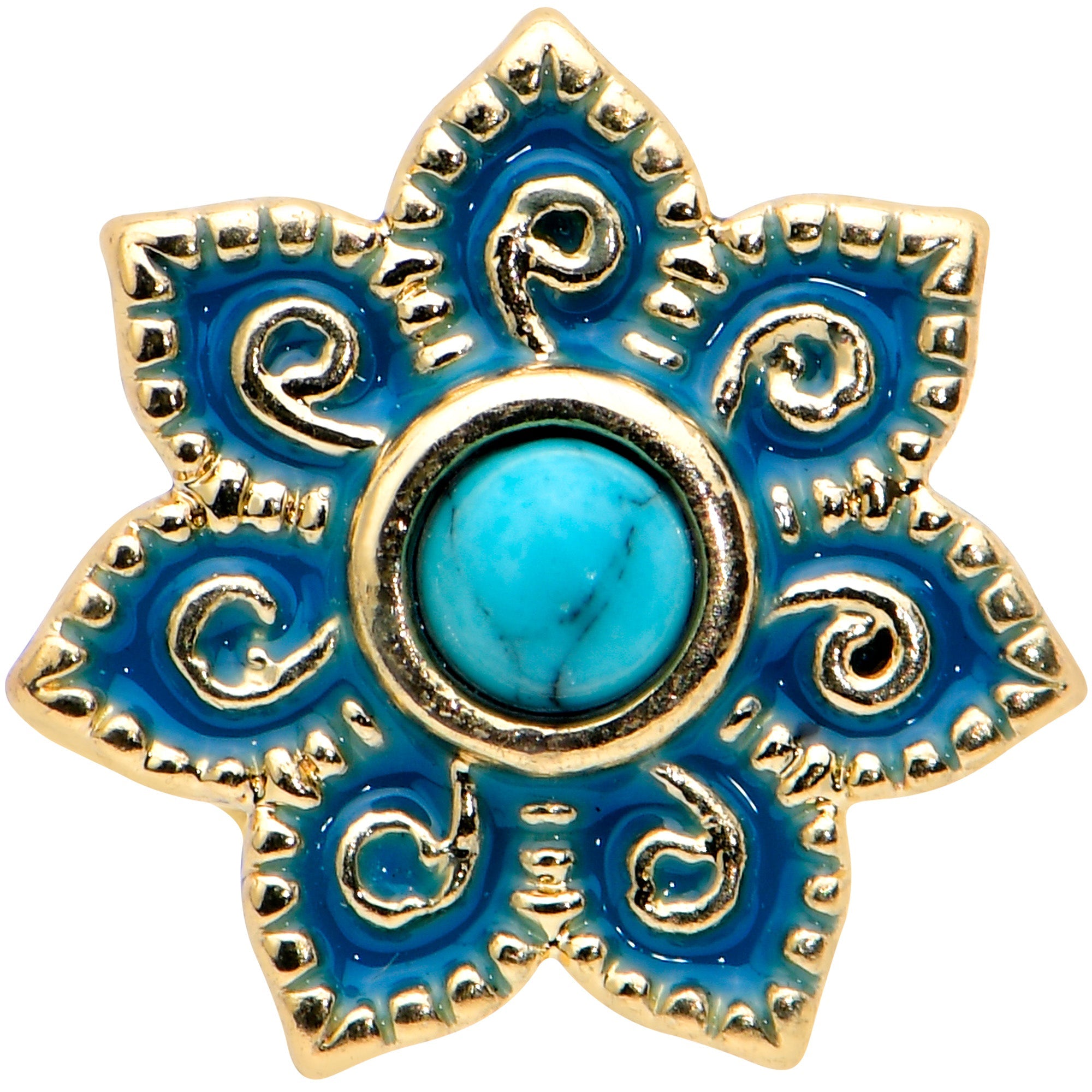 16G 1/4 Turquoise Gold Tone Baroque Flower Labret Monroe Tragus