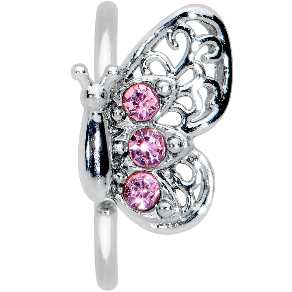 20G 5/16 Pink Gem Lacy Butterfly Nose Hoop