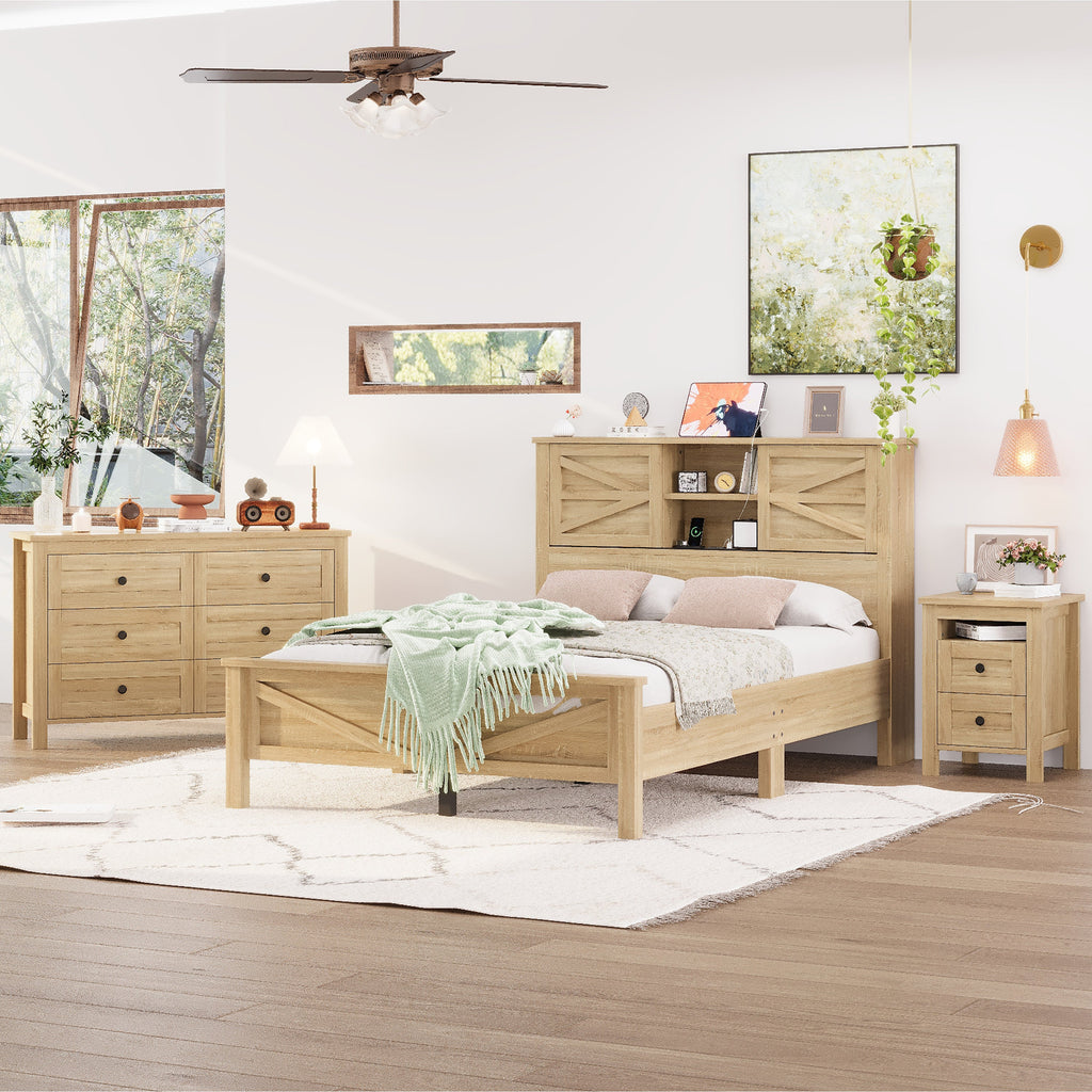 3-Pieces Bedroom Sets Full Size Farmhouse Platform Bed with Double Sliding Door Storage Headboard and Charging Station, Storage Nightstand and Dresser, Natural