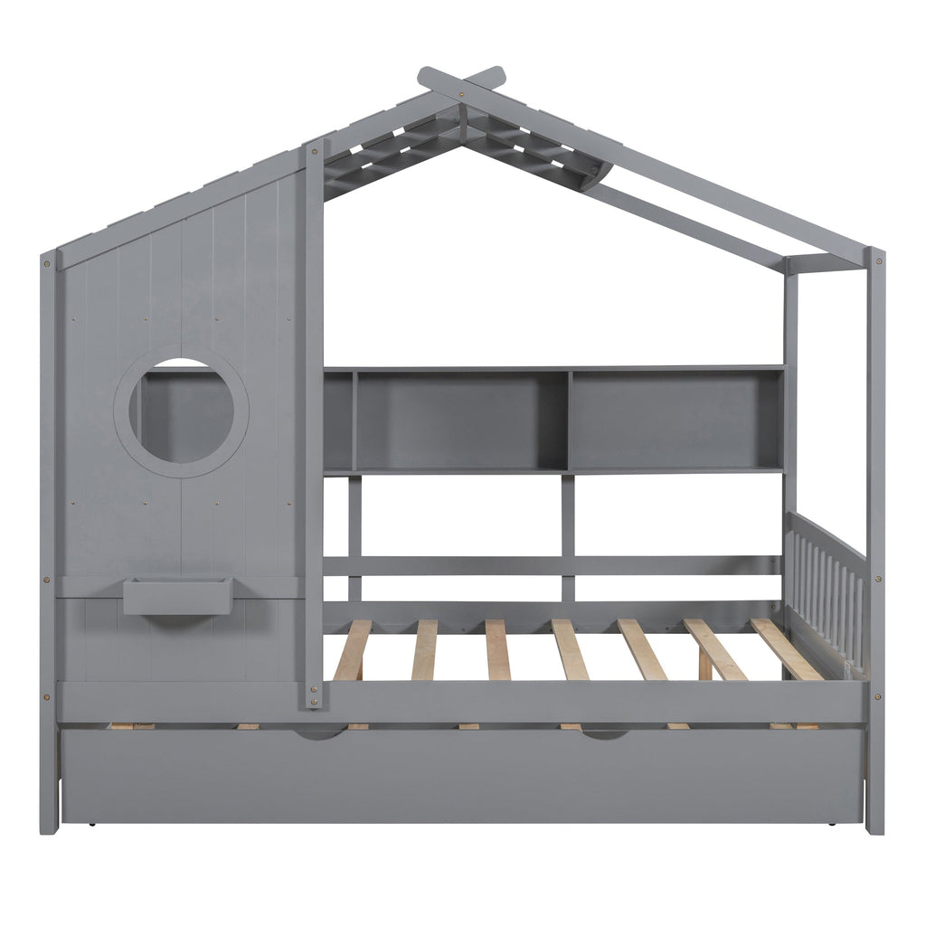 Wooden Full Size House Bed With Trundle, Modern Design for Kids with Storage Shlef, Gray(old SKU HL000095AAE)