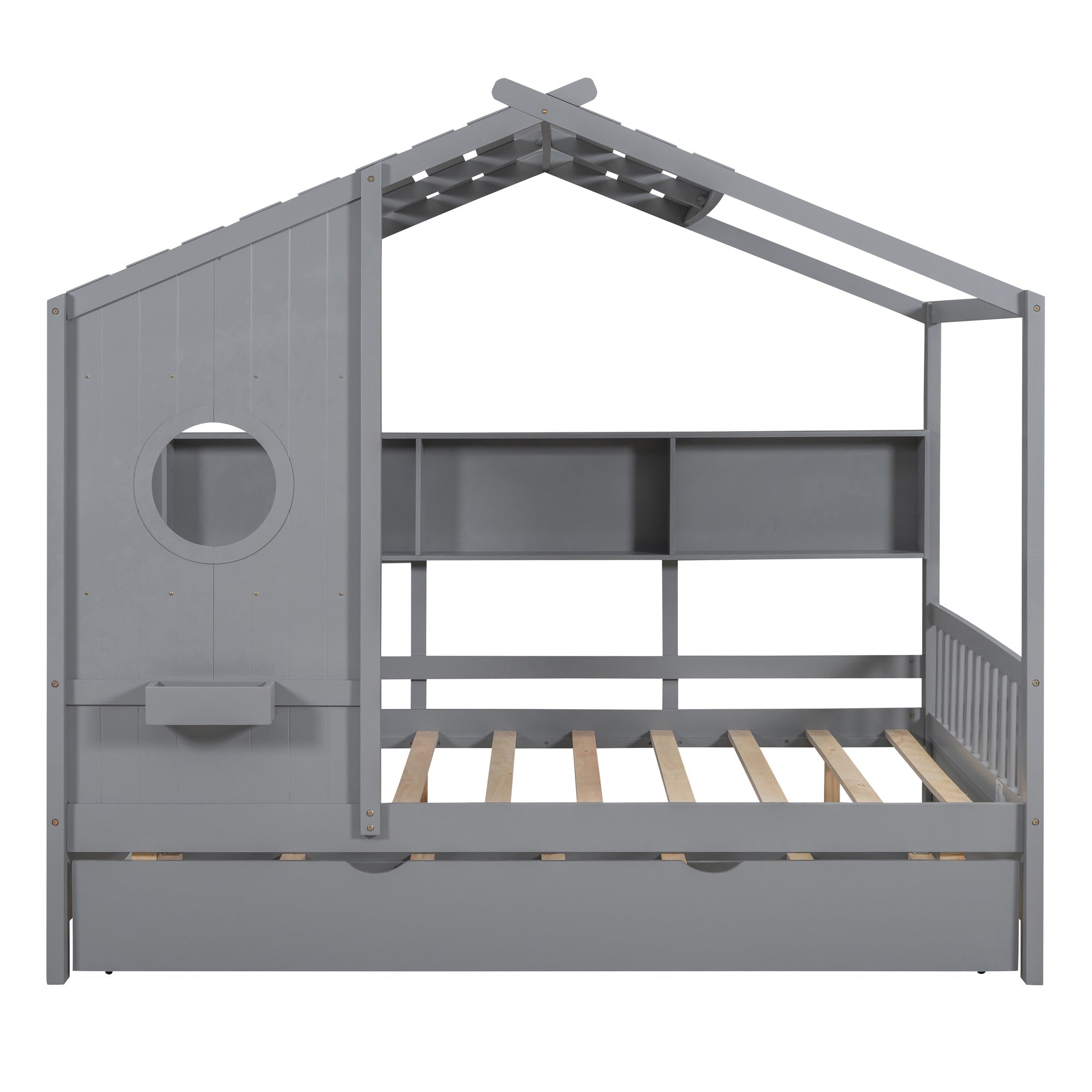 Wooden Full Size House Bed With Trundle, Modern Design for Kids with Storage Shlef, Gray(old SKU HL000095AAE)