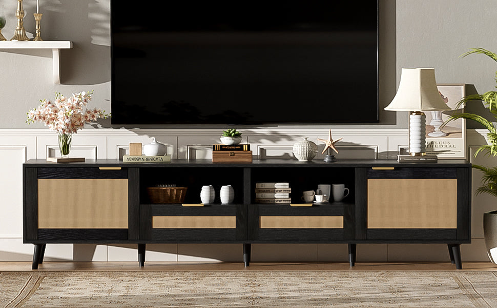 Rattan TV Stand for TVs up to 85'', Modern Farmhouse Media Console, Entertainment Center with Solid Wood Legs, TV Cabinet for Living Room,Home Theatre