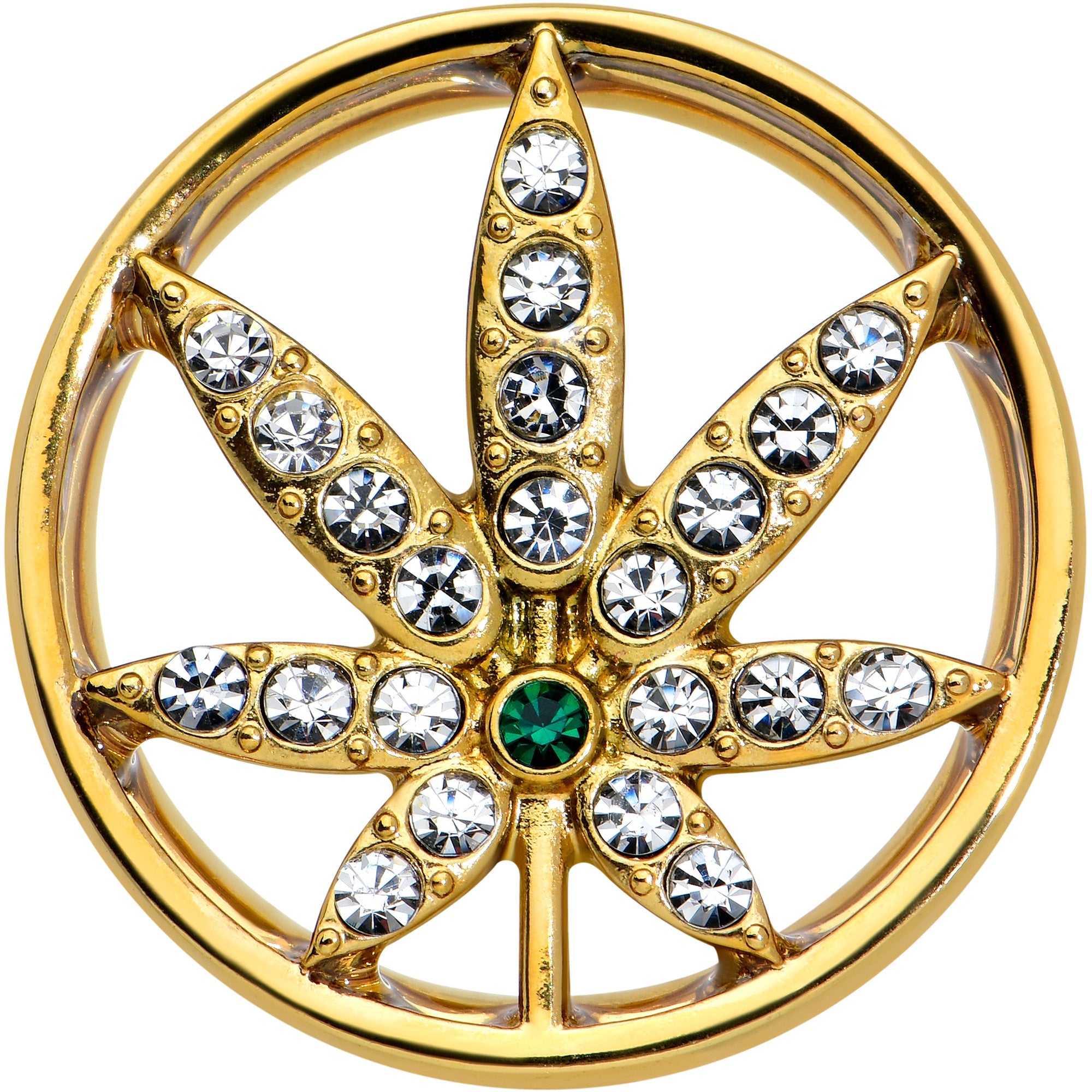 Green Gem Gold Tone Pot Leaf Double Flare Tunnel Plug Set