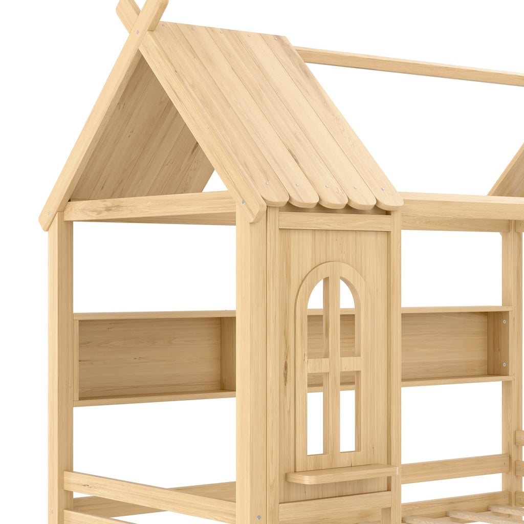 Twin house Beds with Storage Drawers and Window, Solid Wood House Platform Bed Frame with shelves, for Kids, Girls, Boys, No Spring Box Needed and Childlike Design, Natural