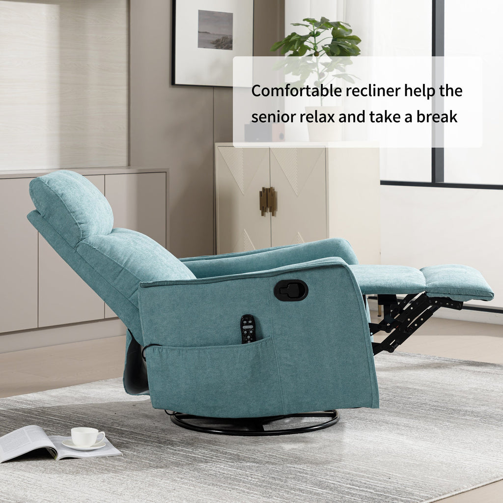 Heat Massage Manual Recliner Chair with Rocker and Swivel in Fabric for Living Room, Blue-Green