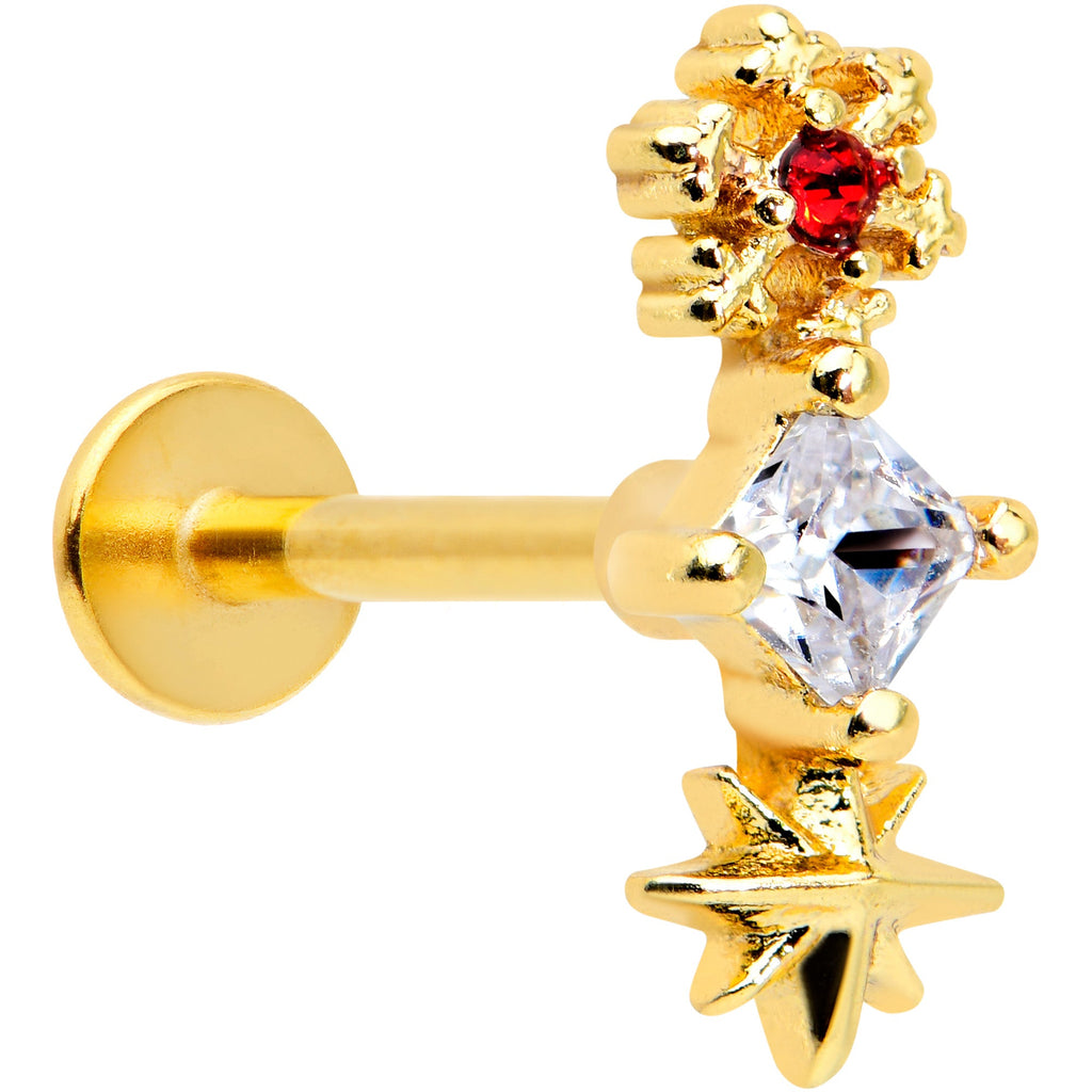 16G 5/16 Clear Red Gem Gold Tone Star Snowflake Labret Tragus