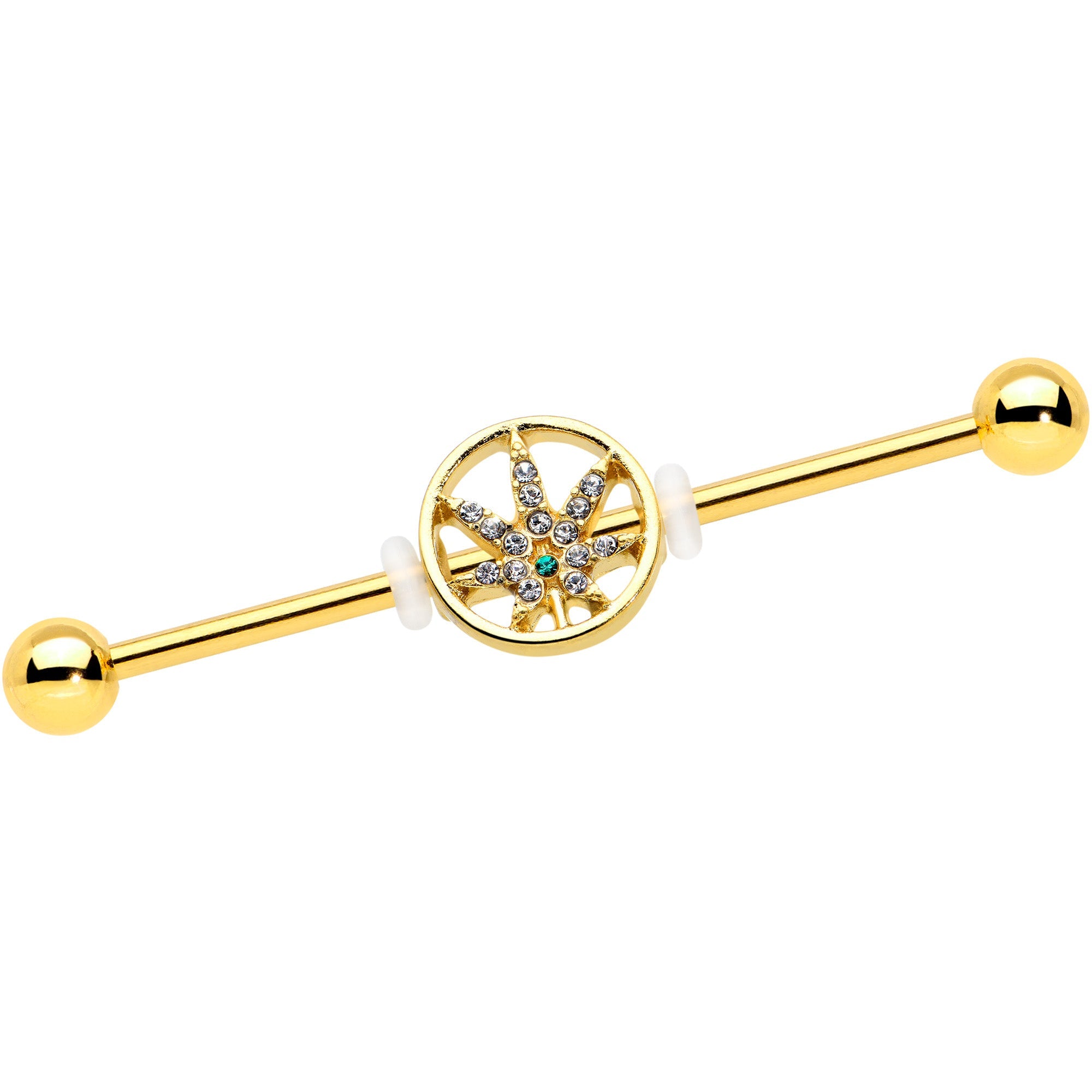 14G Clear Gem Gold Tone Pot Leaf Circle Industrial Barbell 38mm