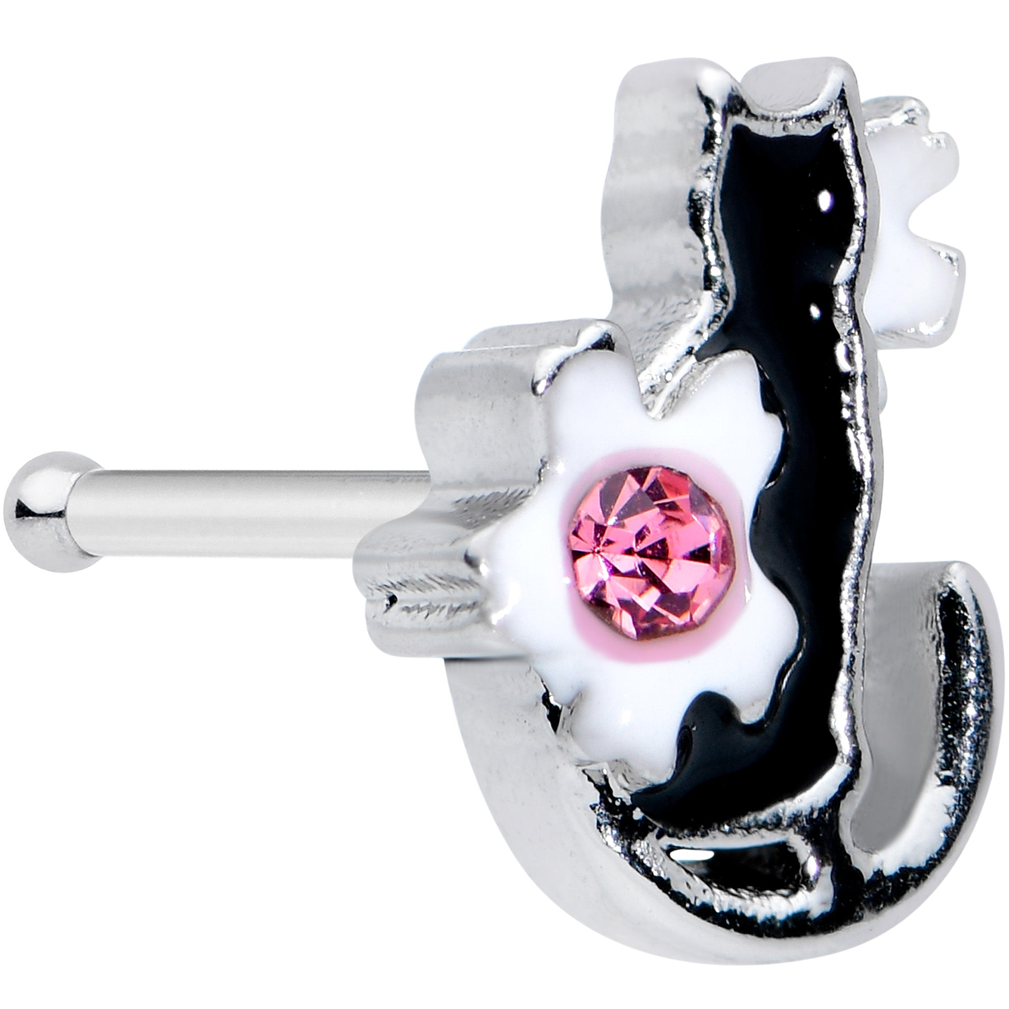 20G 1/4 Pink Gem Black Cat White Flowers Nose Bone