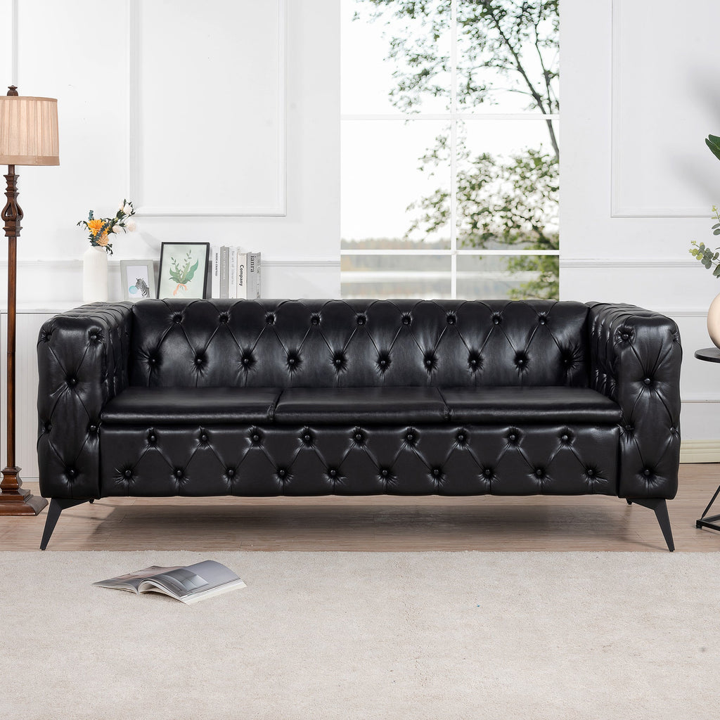 Traditional Square Arm Sofa with Removable Cushions in Black PU, 84.06 Inch Width