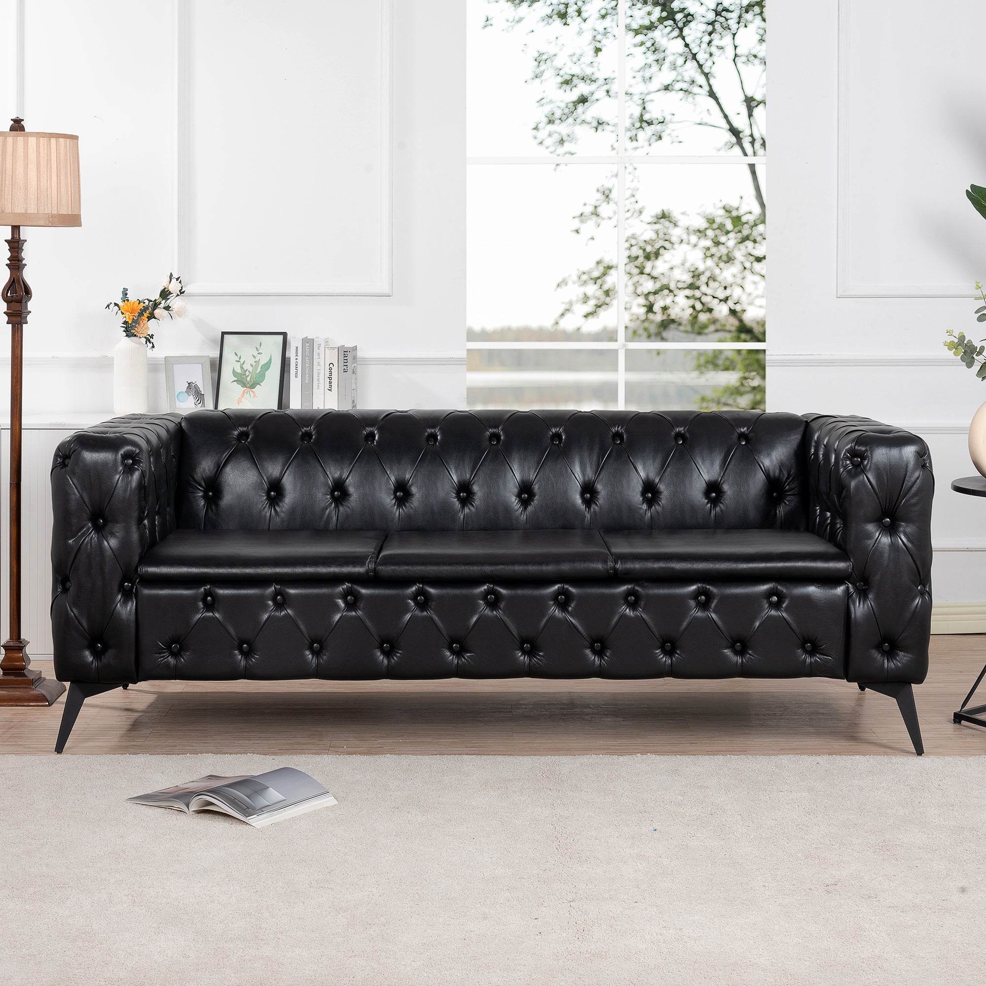 Traditional Square Arm Sofa with Removable Cushions in Black PU, 84.06 Inch Width