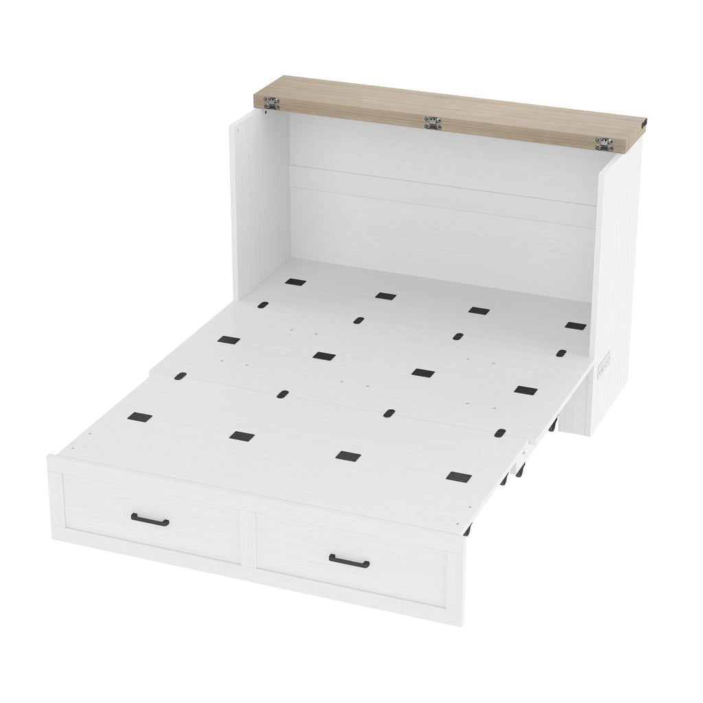 Murphy Bed Cabinet Queen Size with Charging Station, Multi-Functional Foldable Platform Bed with 1 Large Storage Drawer for Guest Room, Small Bedroom, White
