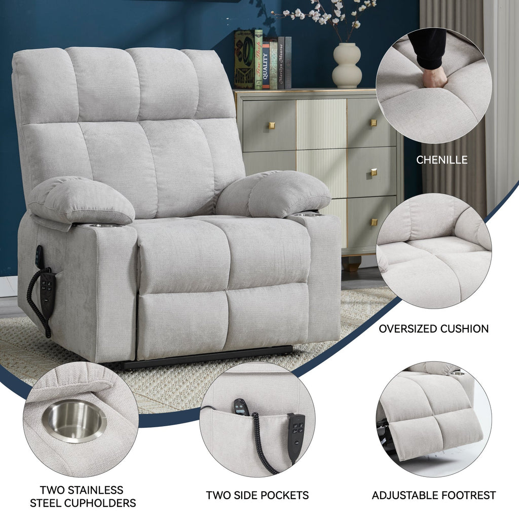 Beige Dual Motor Infinite Position Up to 350 LBS Chenille Power Lift Recliner Chair, Heavy Duty Motion Mechanism with 8-Point Vibration Massage and Lumbar Heating, Dual Cup Holders