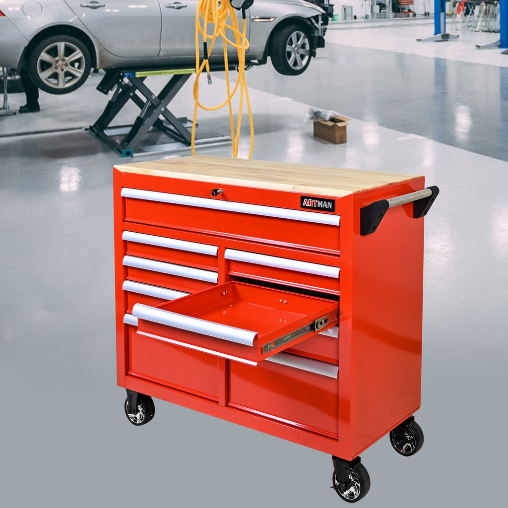 9-Drawer Multifunctional Steel Tool Cart with Wheels and Wooden Top, Red