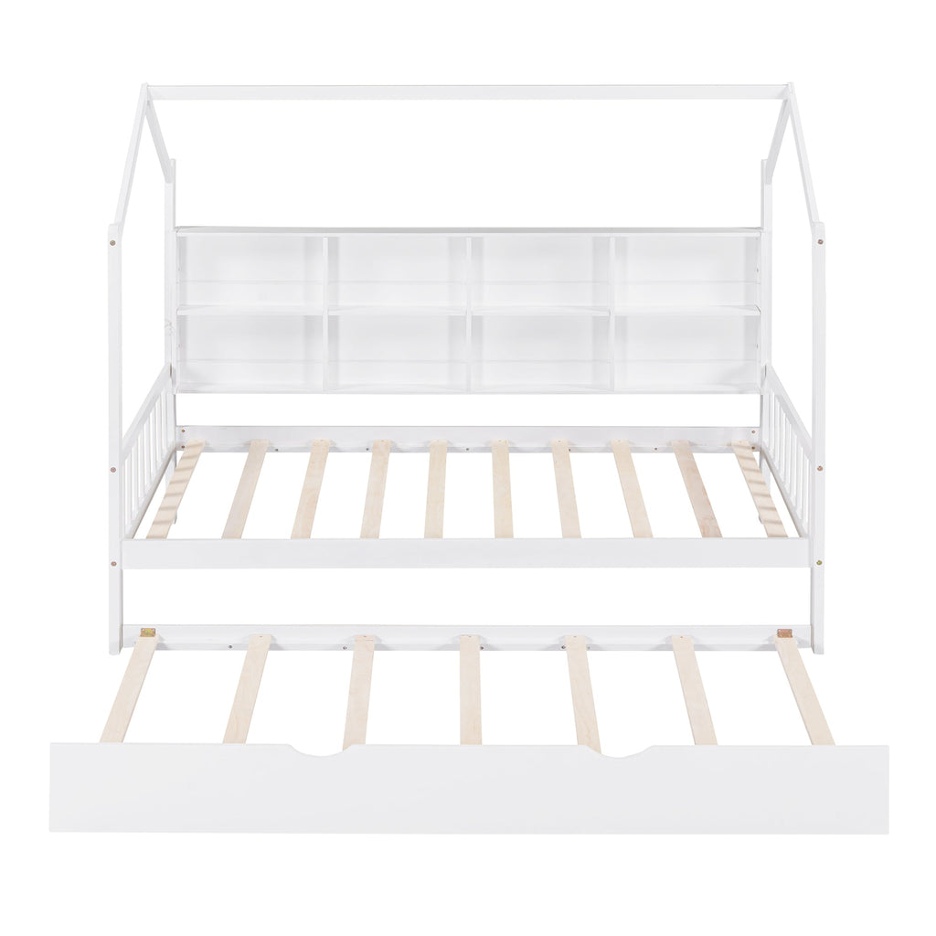Wooden Twin Size House Bed with Trundle,Kids Bed with Shelf, White (Old SKU: WF297071AAK)