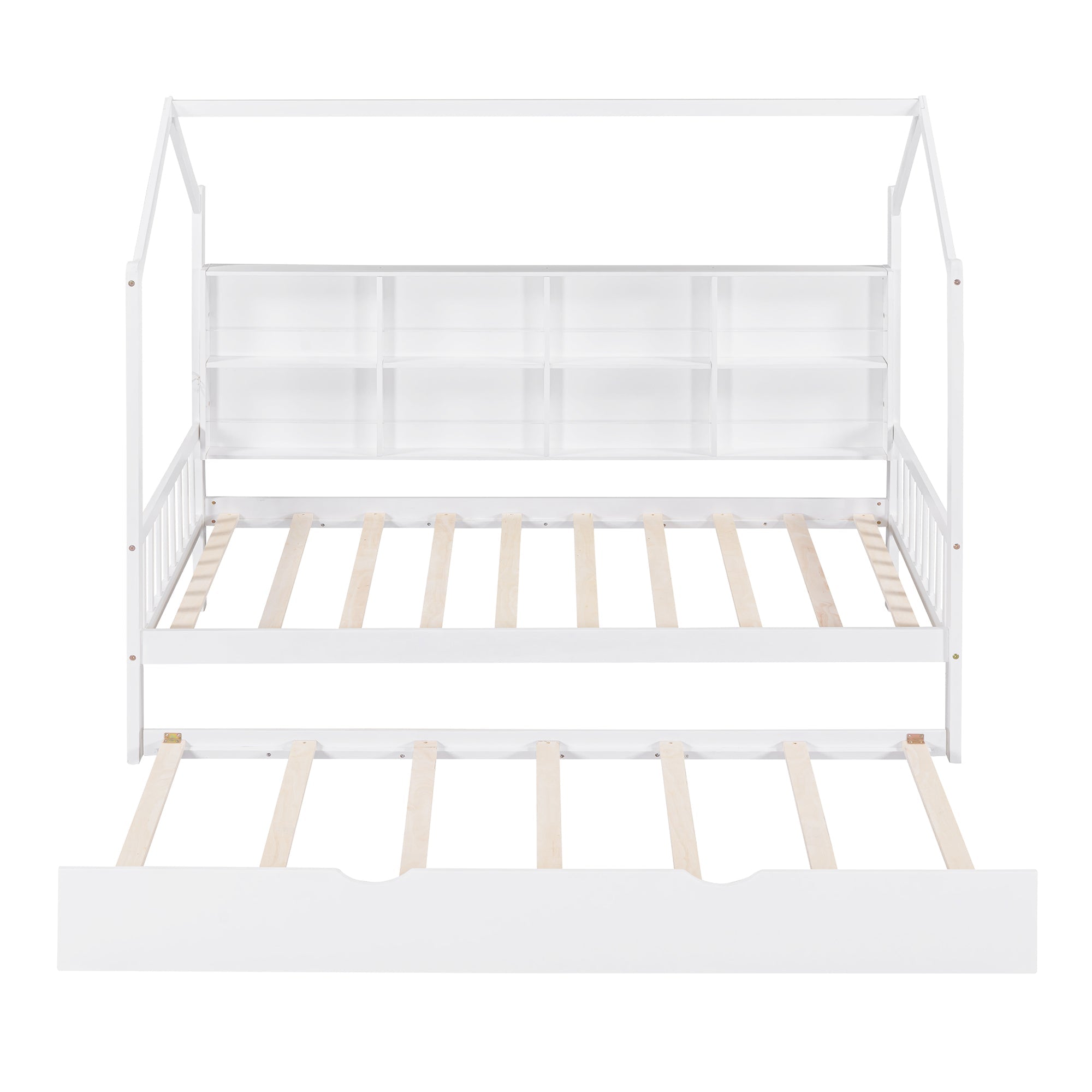 Wooden Twin Size House Bed with Trundle,Kids Bed with Shelf, White (Old SKU: WF297071AAK)