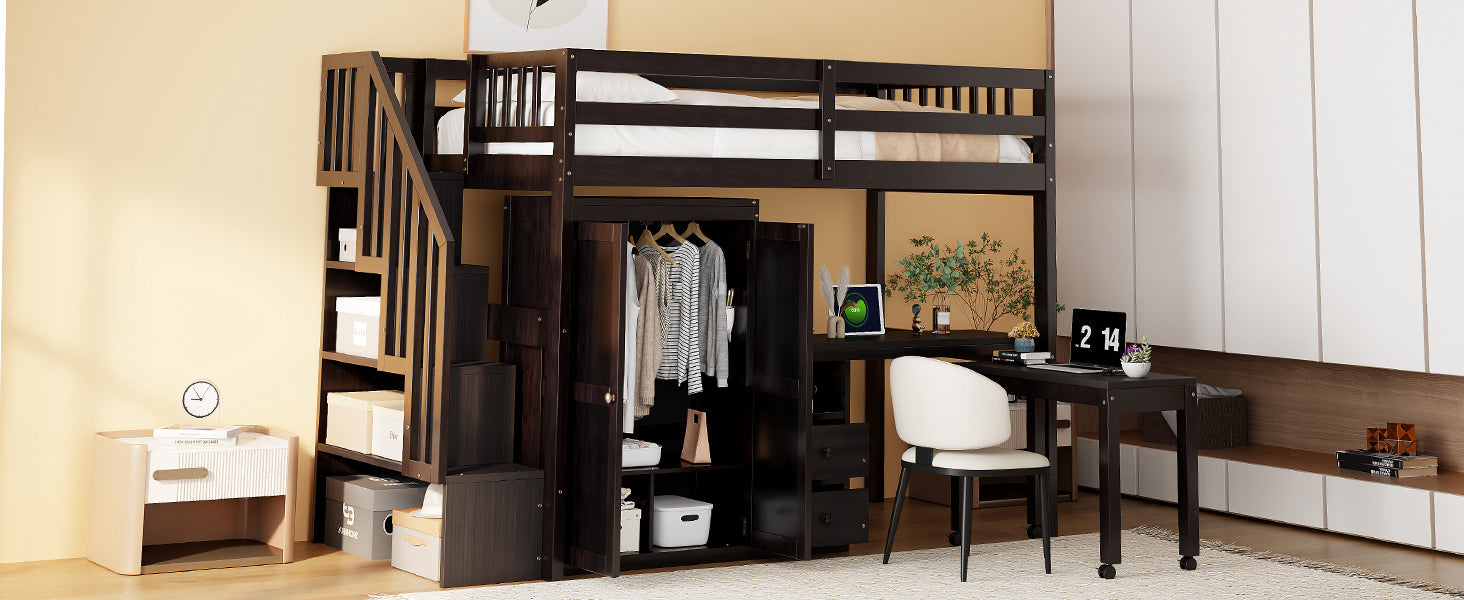Twin Size Loft Bed with Stairs, Bookshelf, Drawers, Desk & Wardrobe – Space-Saving Multifunctional Furniture for Kids & Teens-Espresso
