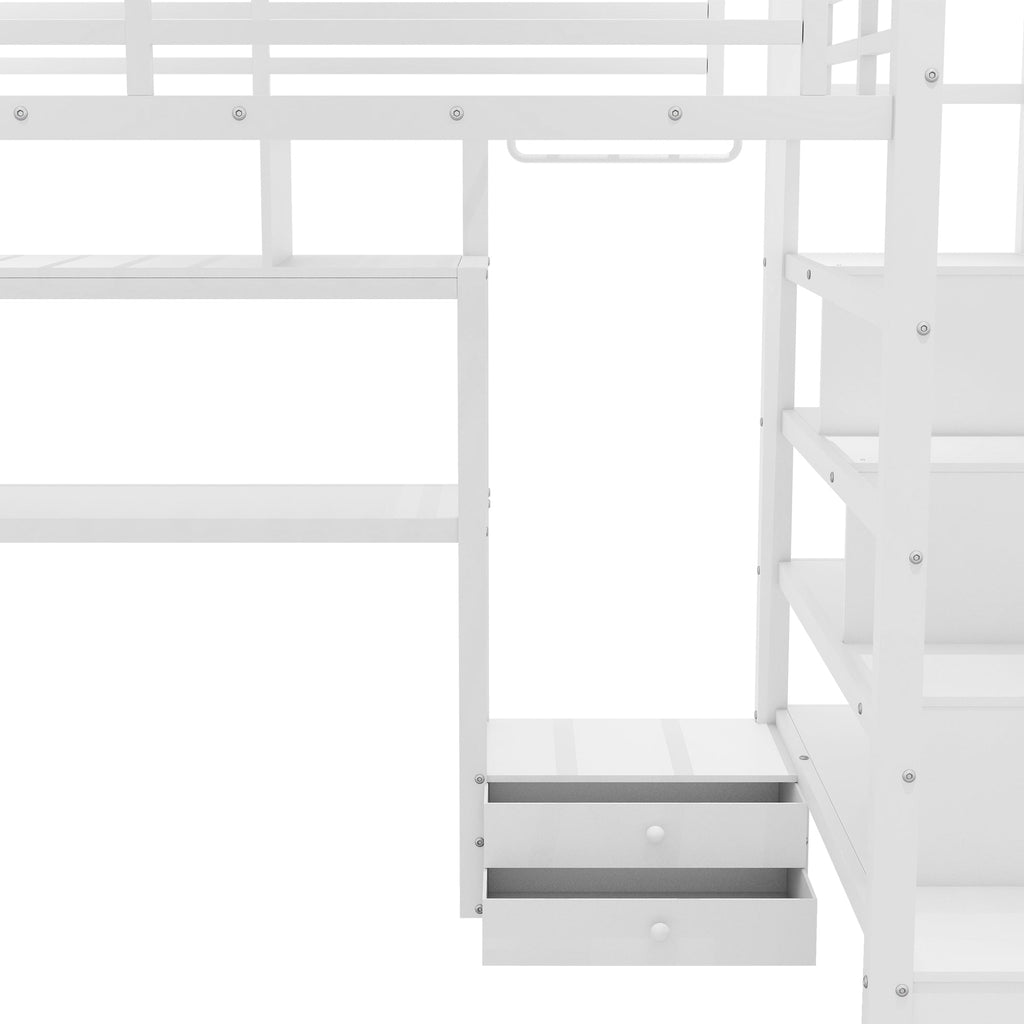 Full Size Loft Bed with LED Light & Charge Station, Metal Loft Bed with Desk and Staircase, Loft bed with Wardrobe for Kids, White (Expect Arrival Date 2025/4/30)