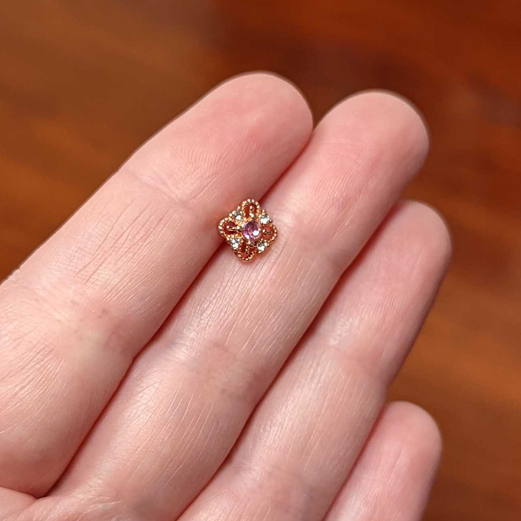 16G 5/16 Pink Gem Rose Gold Tone Cross Rhombus Labret Tragus