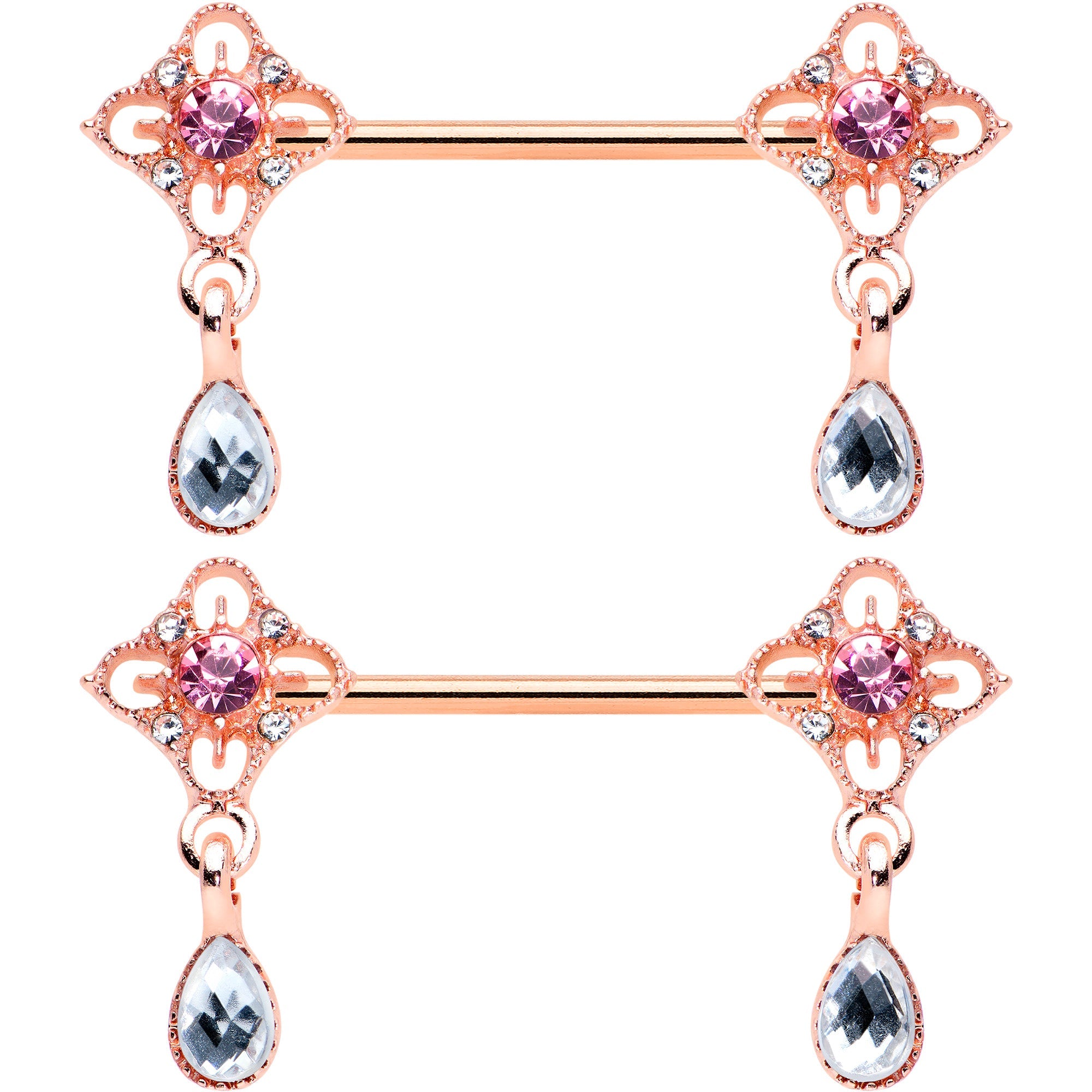 14G 9/16 Purple Grey Gem Rose Gold Tone Dangle Nipple Ring Set