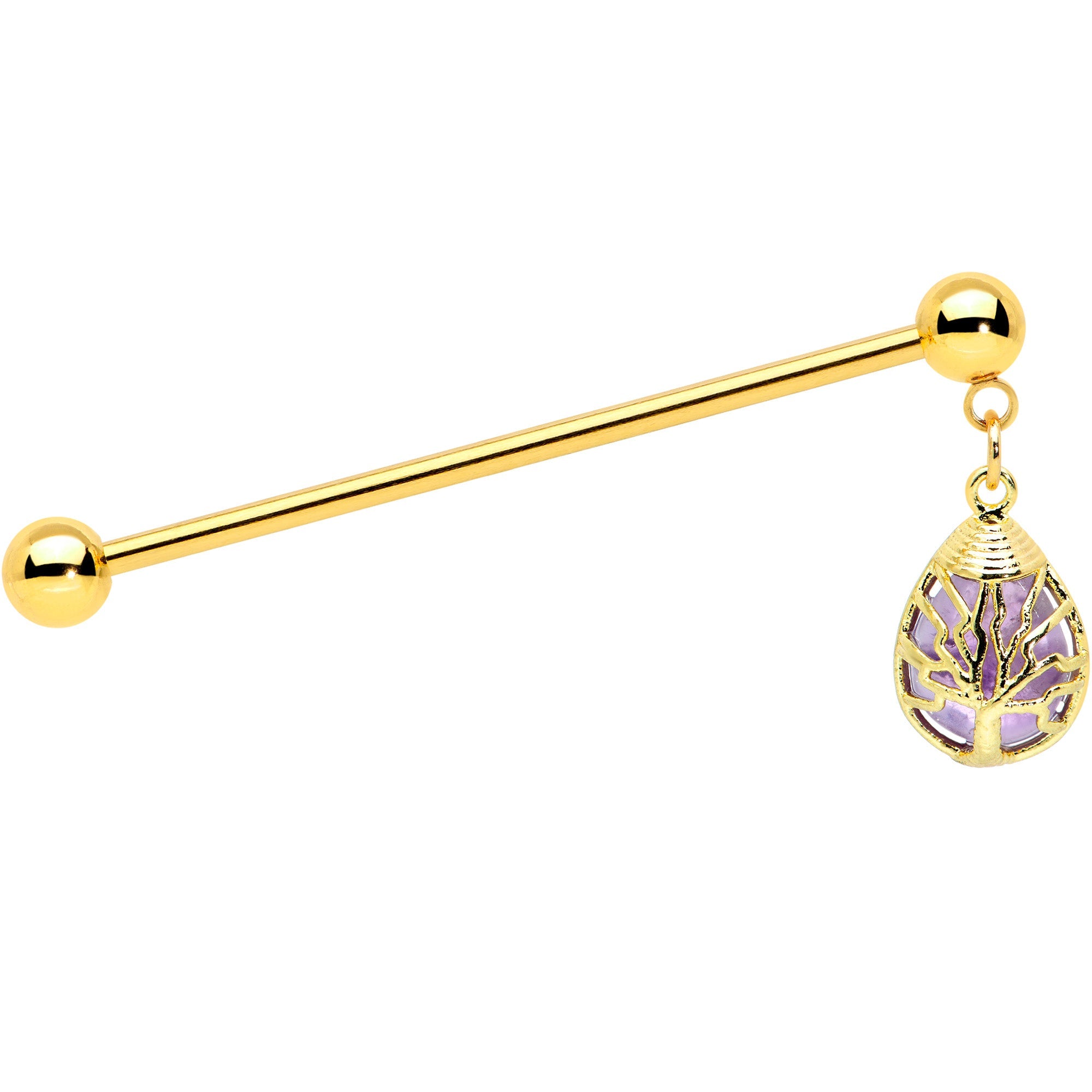 14G Amethyst Gold Tone Drop Tree Dangle Industrial Barbell 38mm