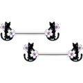 14G 9/16 Clear Gem Flowers Black Cat Barbell Nipple Ring Set
