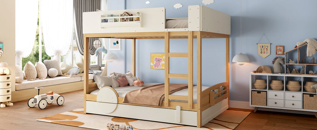 Queen Bunk Bed with Trundle , Wood Bunk Bed Frame with Built-in Bookshelf and High-quality Safety Guardrail,Automobile Form Design for Kids,Natural＆Beige