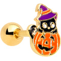16G 1/4 Gold Tone Pumpkin Black Cat Halloween Cartilage Tragus