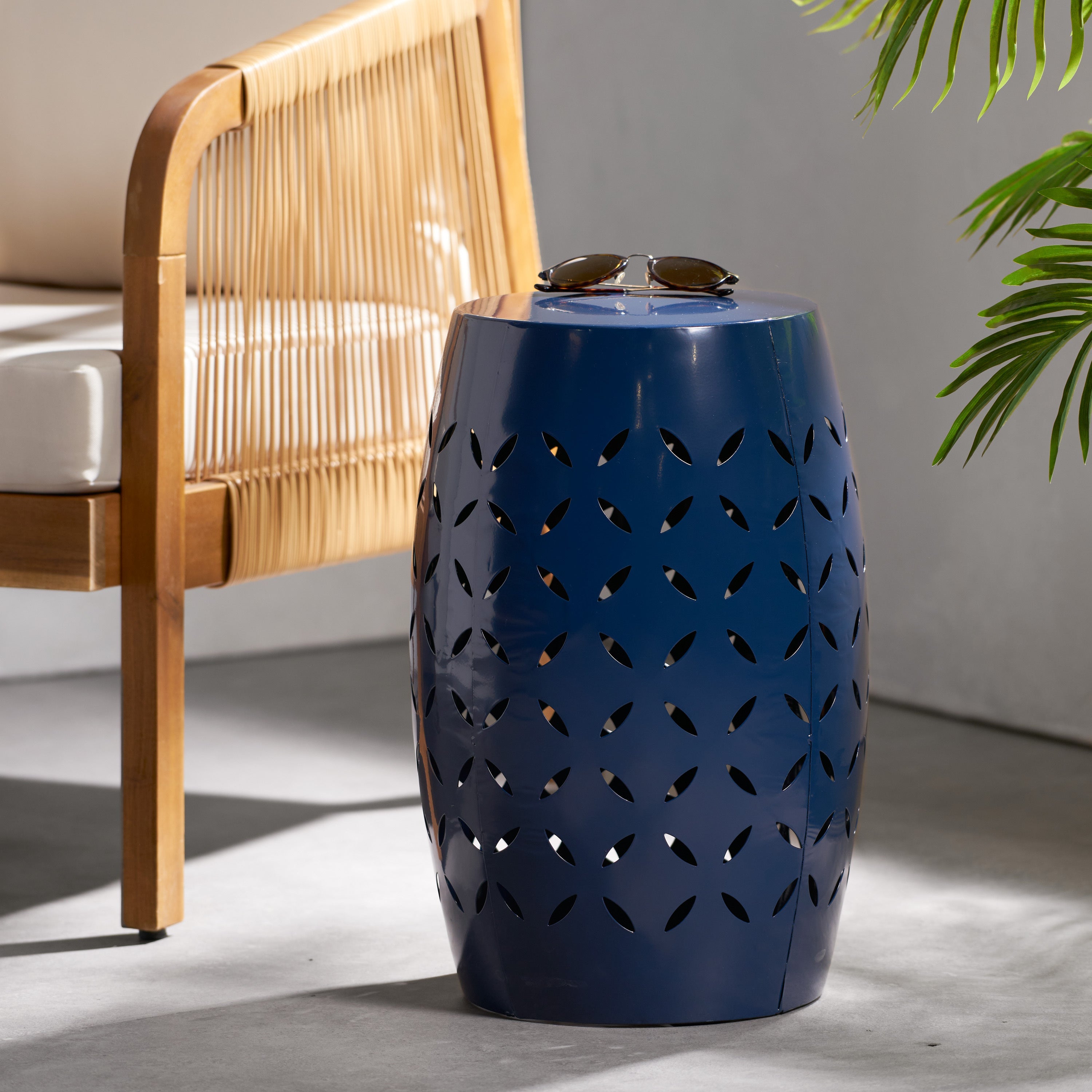 12' Outdoor Lace-Cut Side Table, Navy Blue