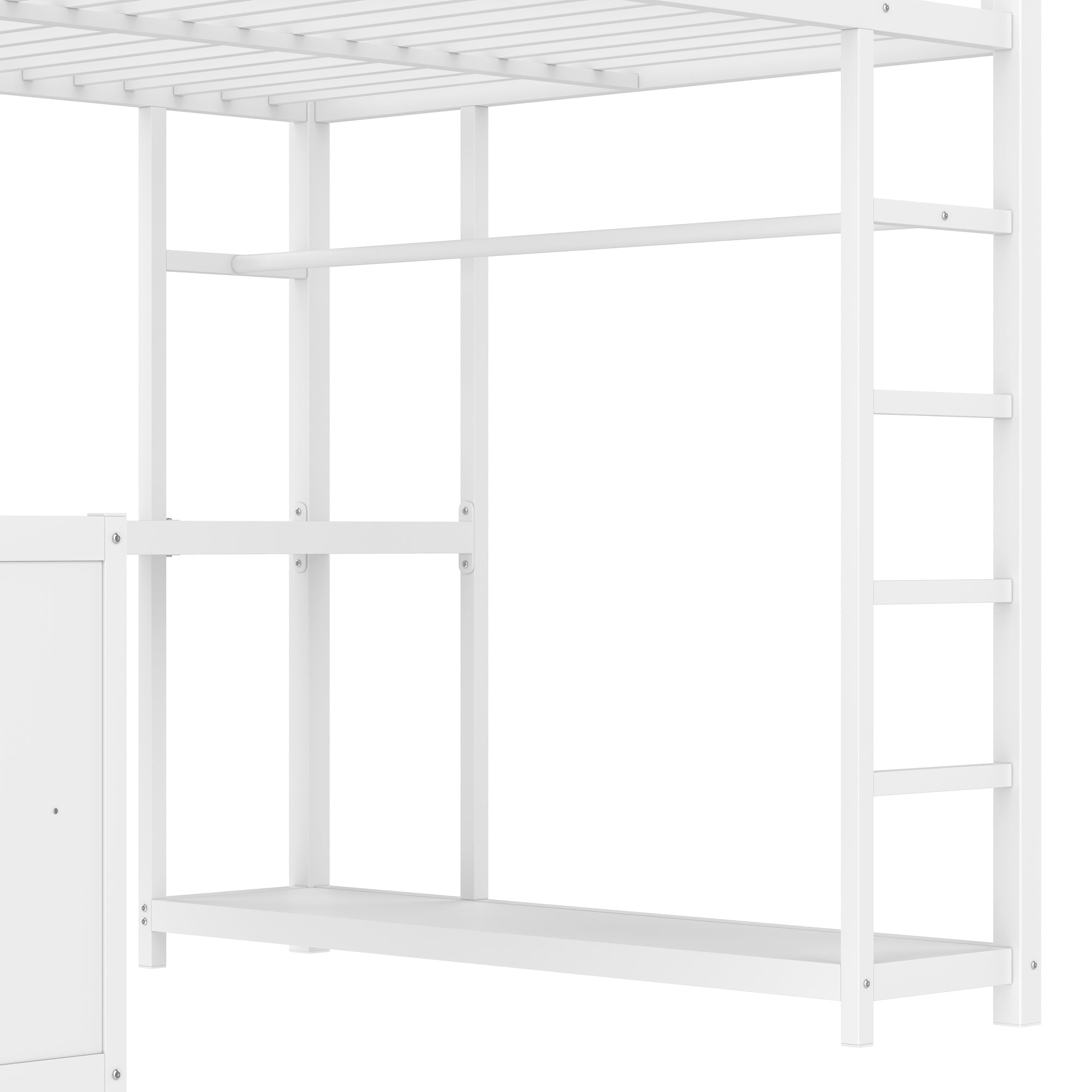 Metal Loft Bed with Wardrobe and L-shaped Desk, Full Size Loft Bed with Storage Cubes and Shelves, Loft Bed for Kids Teens Adults, White