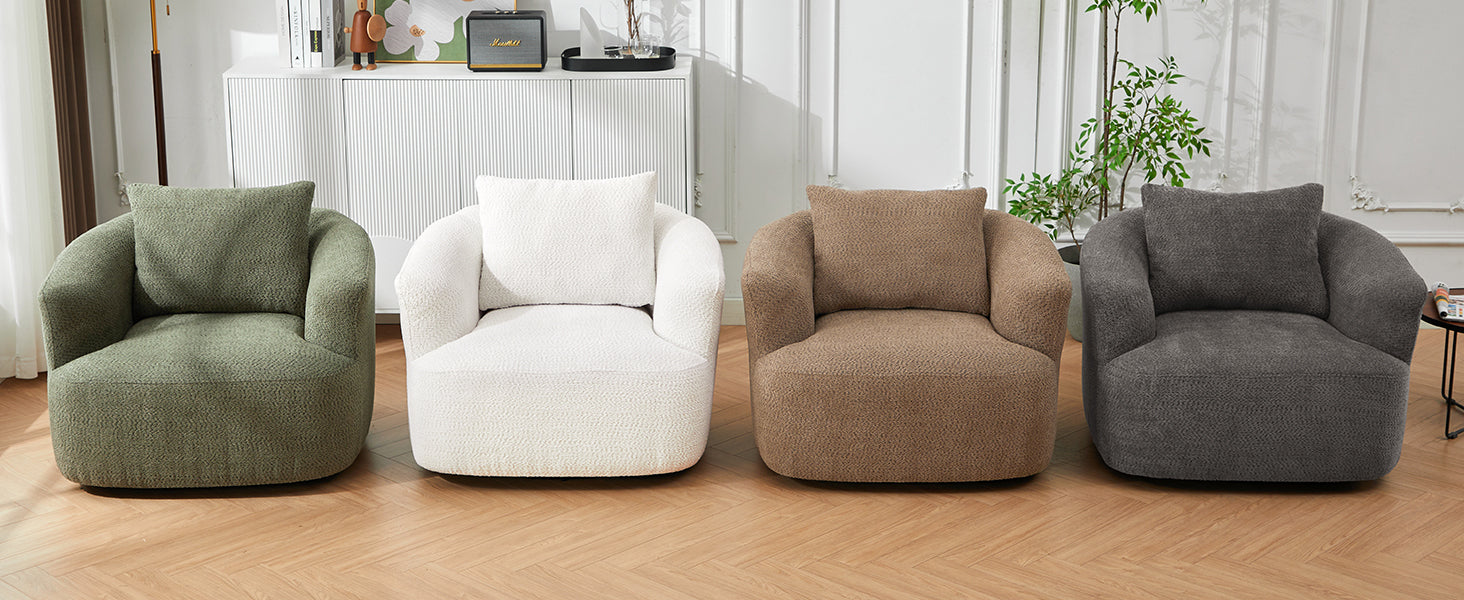 360° Swivel Chair, Chenille Upholstered Barrel Sofa Chair with Throw Pillow, Green, 38.2' for Living Room, Bedroom, Office