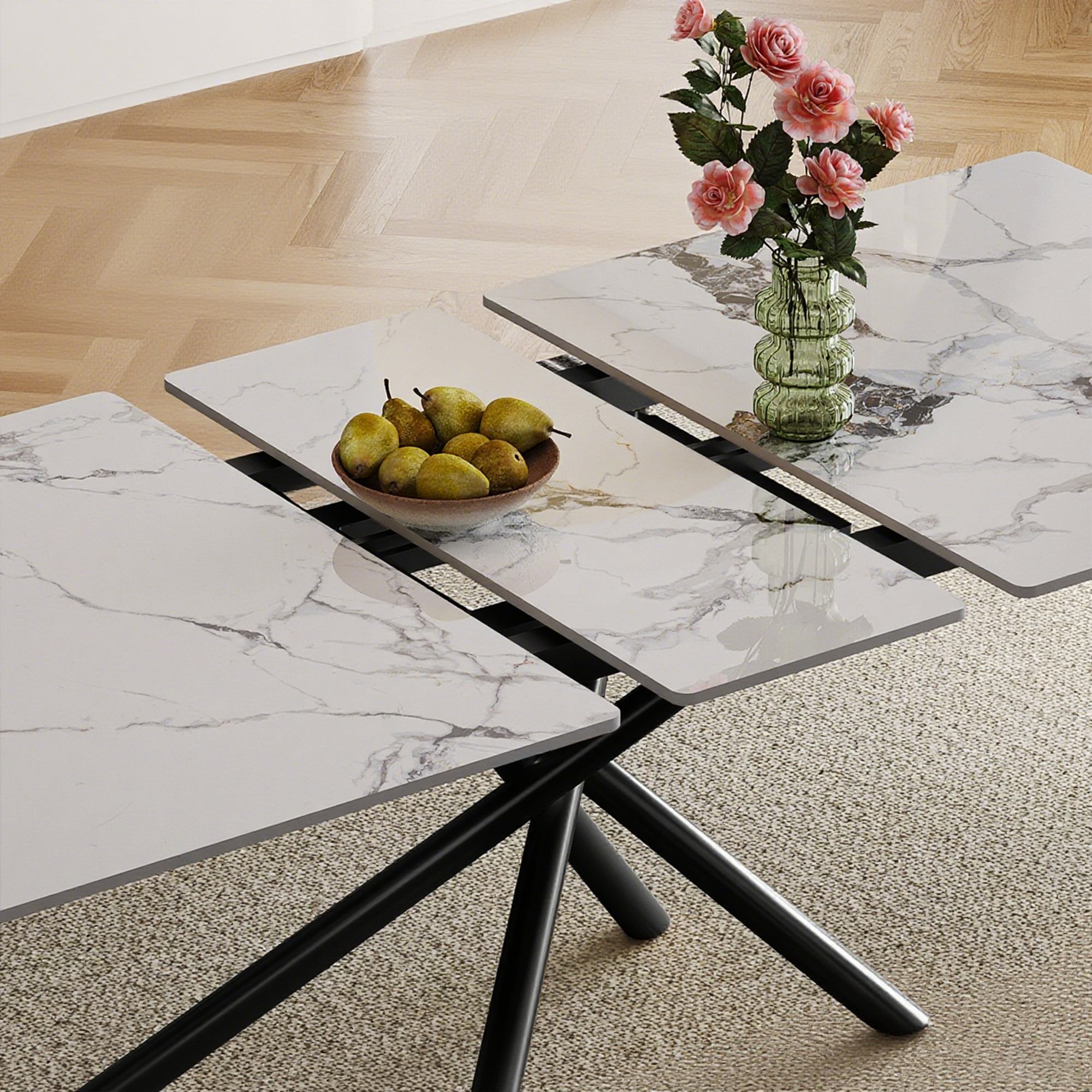 59-inch Modern rectangle Expandable Dining Table with Retractable Leaf, Sintered Stone Top & Black Carbon Steel X-Base, Sturdy 4-6 Person Table for Small Apartments, Kitchen, Dining Room
